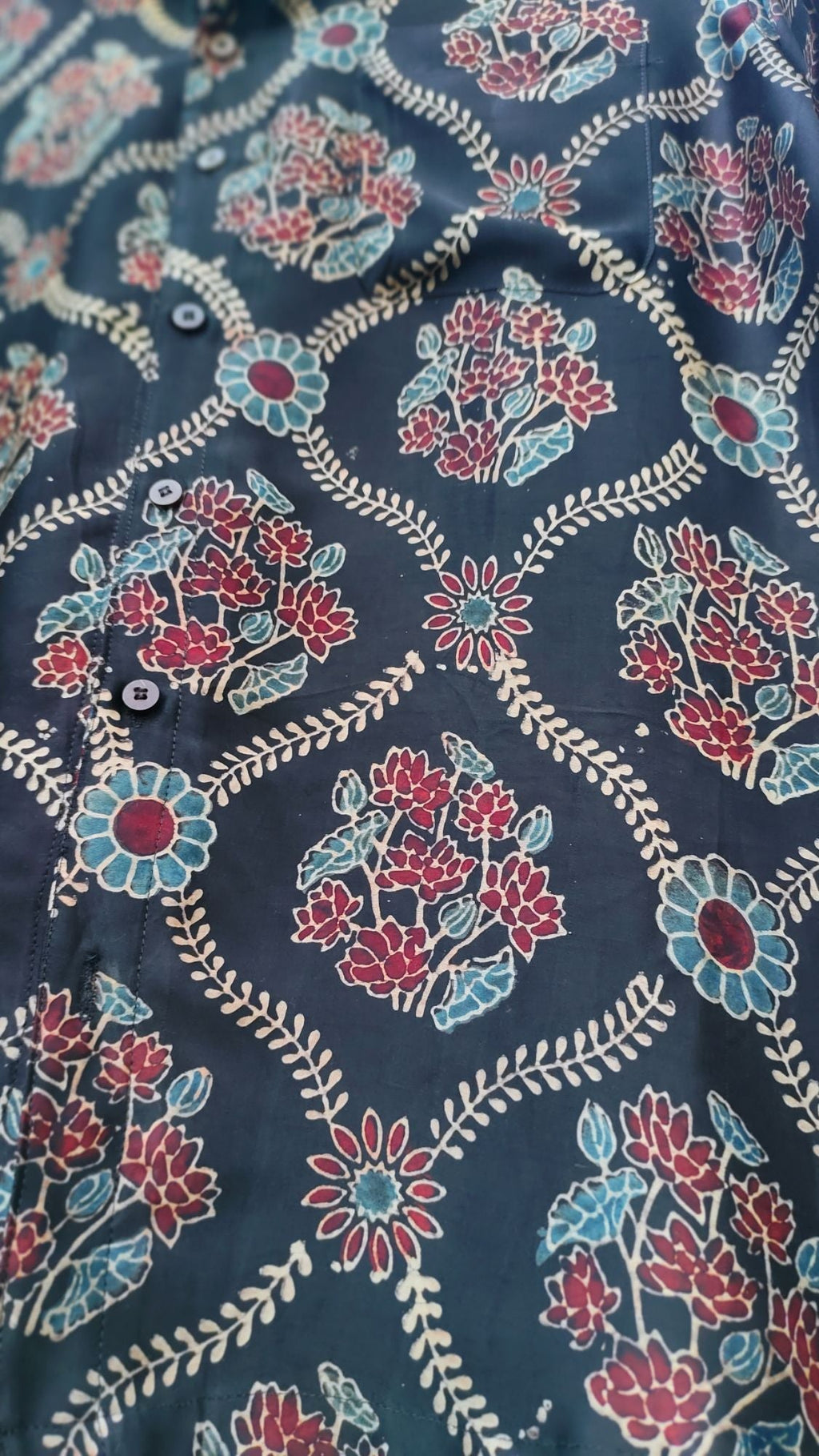 Black Hand Block Printed Shirt at Kamakhyaa by Hasttvam. This item is Black, Casual Wear, Floral, Handmade by Artisans, Modal silk, Natural dyes, Relaxed Fit, Respondible production and Vegan