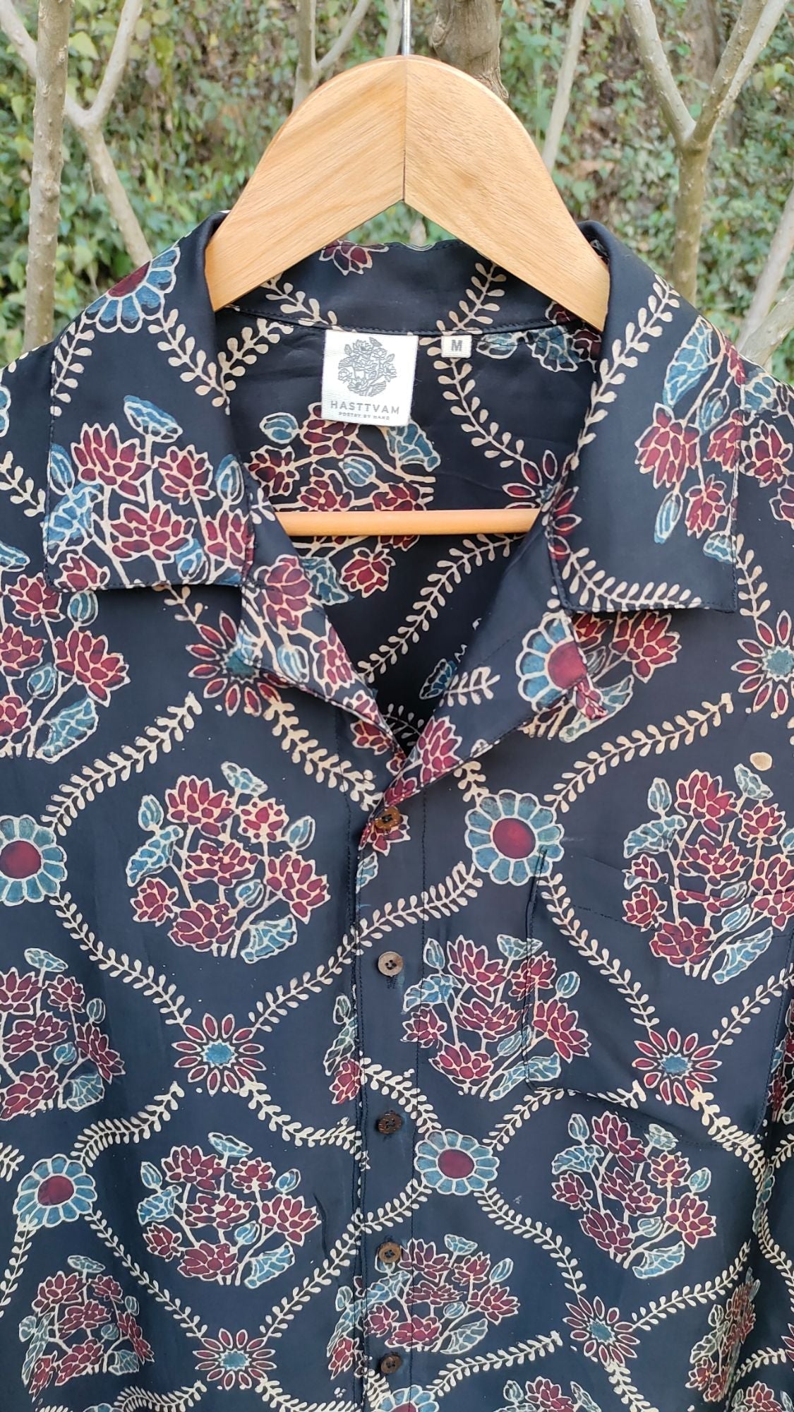 Black Hand Block Printed Shirt at Kamakhyaa by Hasttvam. This item is Black, Casual Wear, Floral, Handmade by Artisans, Modal silk, Natural dyes, Relaxed Fit, Respondible production and Vegan