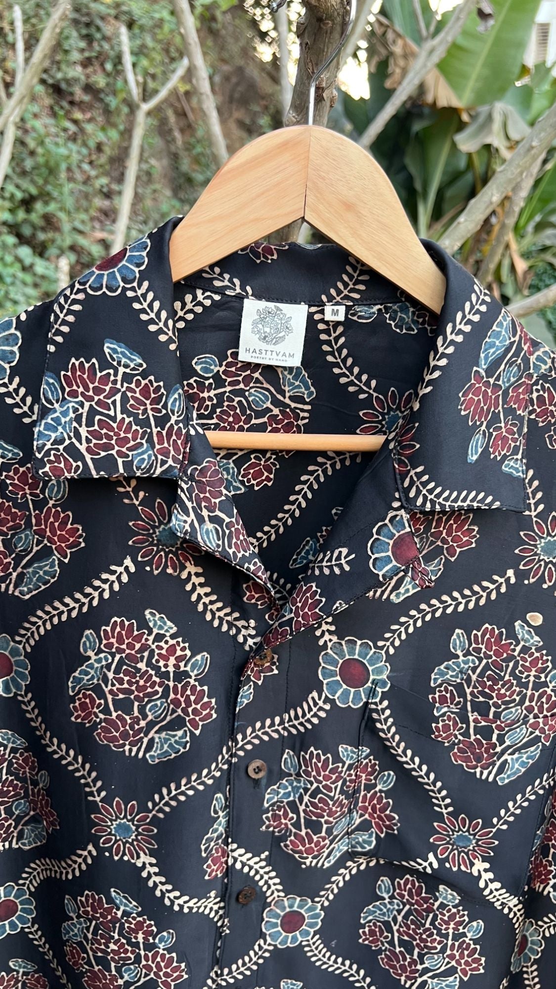 Black Hand Block Printed Shirt at Kamakhyaa by Hasttvam. This item is Black, Casual Wear, Floral, Handmade by Artisans, Modal silk, Natural dyes, Relaxed Fit, Respondible production and Vegan