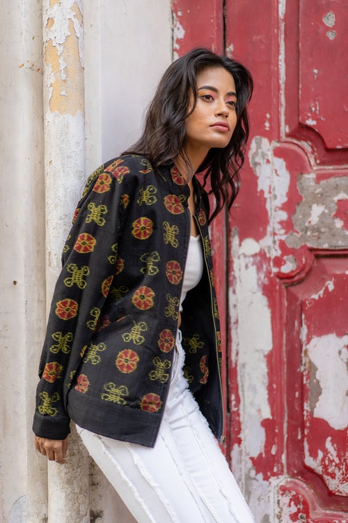 Black Handwoven Outer Wear Ikat Jacket at Kamakhyaa by Krushnachuda. This item is Black, Handloom Cotton, Ikat Print, Jackets, Natural Dye, Organic, Outer Wear, Regular Fit