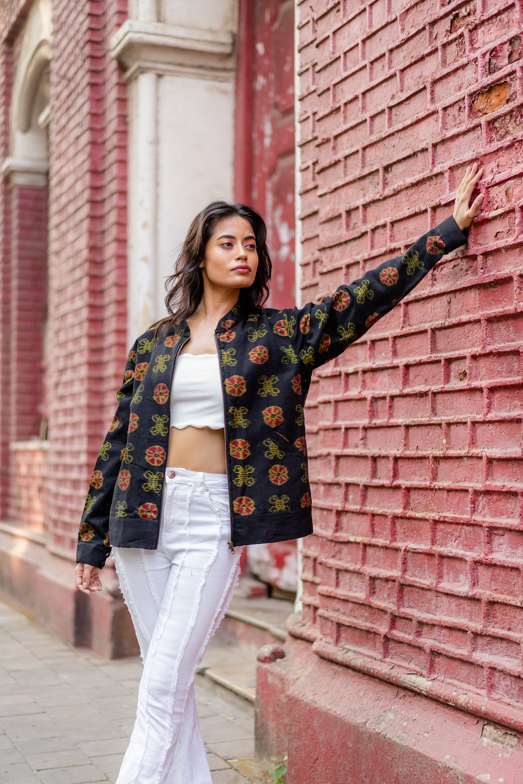 Black Handwoven Outer Wear Ikat Jacket at Kamakhyaa by Krushnachuda. This item is Black, Handloom Cotton, Ikat Print, Jackets, Natural Dye, Organic, Outer Wear, Regular Fit