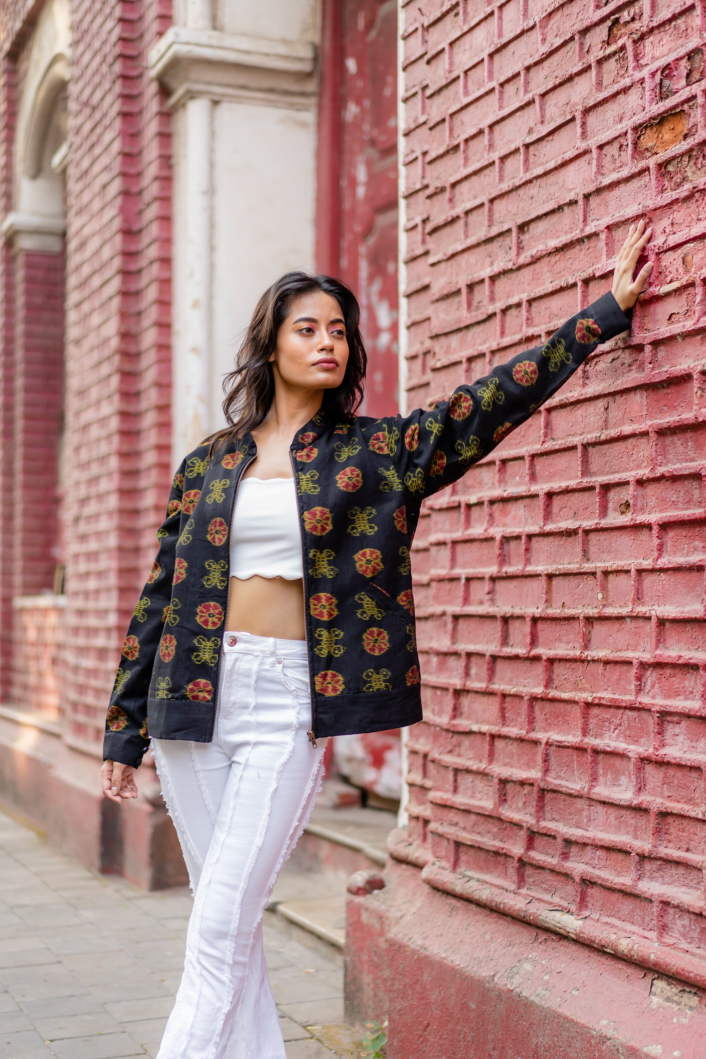 Black Handwoven Outer Wear Ikat Jacket at Kamakhyaa by Krushnachuda. This item is Black, Handloom Cotton, Ikat Print, Jackets, Natural Dye, Organic, Outer Wear, Regular Fit