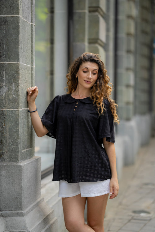 Black Handwoven Shirt at Kamakhyaa by Krushnachuda. This item is Black, Chilika by Krushnachuda, Handloom Cotton, Loose Fit, Natural Dye, Organic, Outerwear, Self Design, Under $100, Womenswear