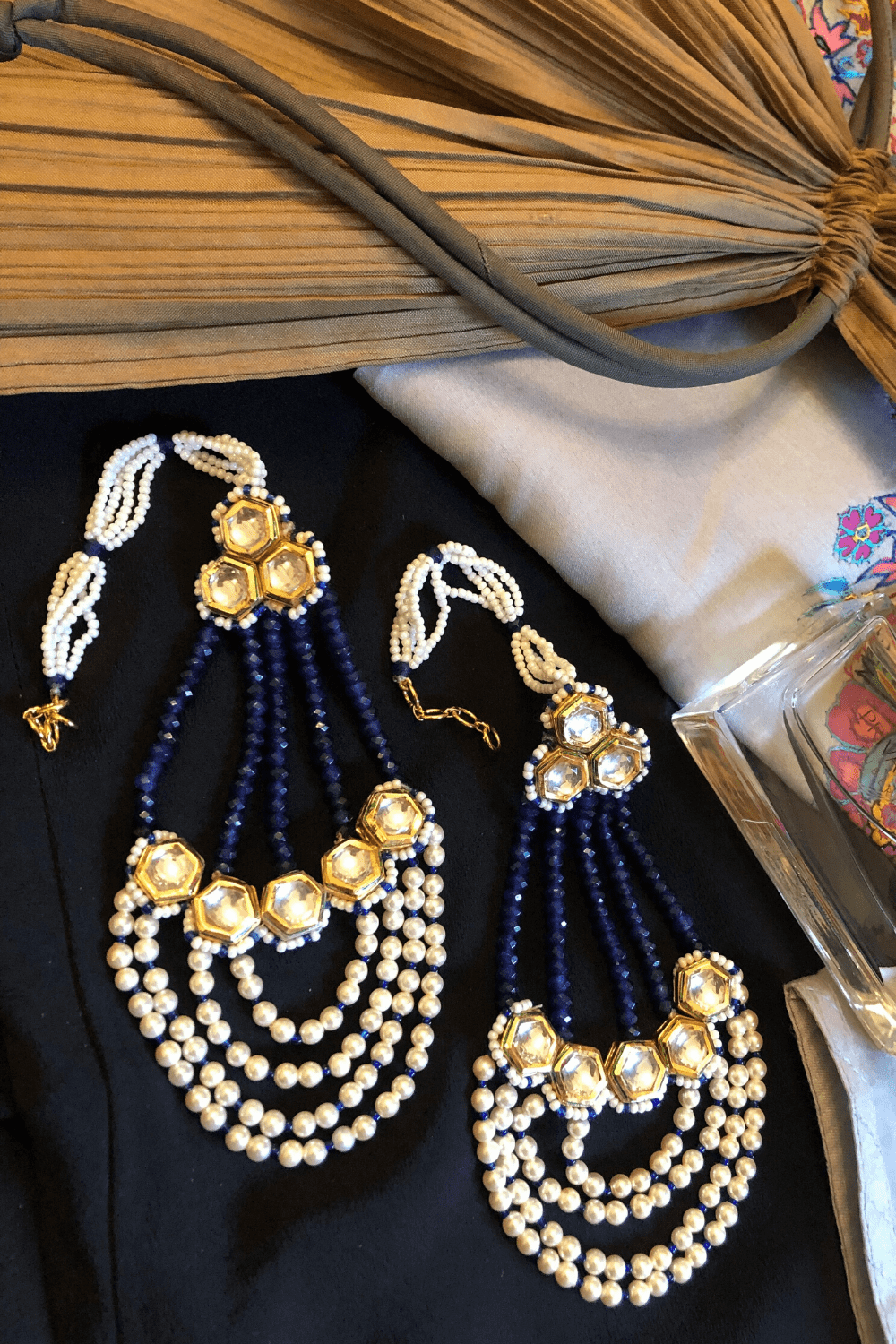 Black Long Earring Scheherazade Passa at Kamakhyaa by House Of Heer. This item is Alloy Metal, Festive Jewellery, Festive Wear, Free Size, Gemstone, jewelry, July Sale, July Sale 2023, Long Earrings, Multicolor, Natural, Pearl, Solids