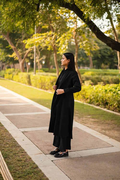 Black Merino Wool Alaska Jacket at Kamakhyaa by Raas. This item is Black, Jackets, Merino Wool, Regular Fit, Uru by Raas, Winter Wear, Woven