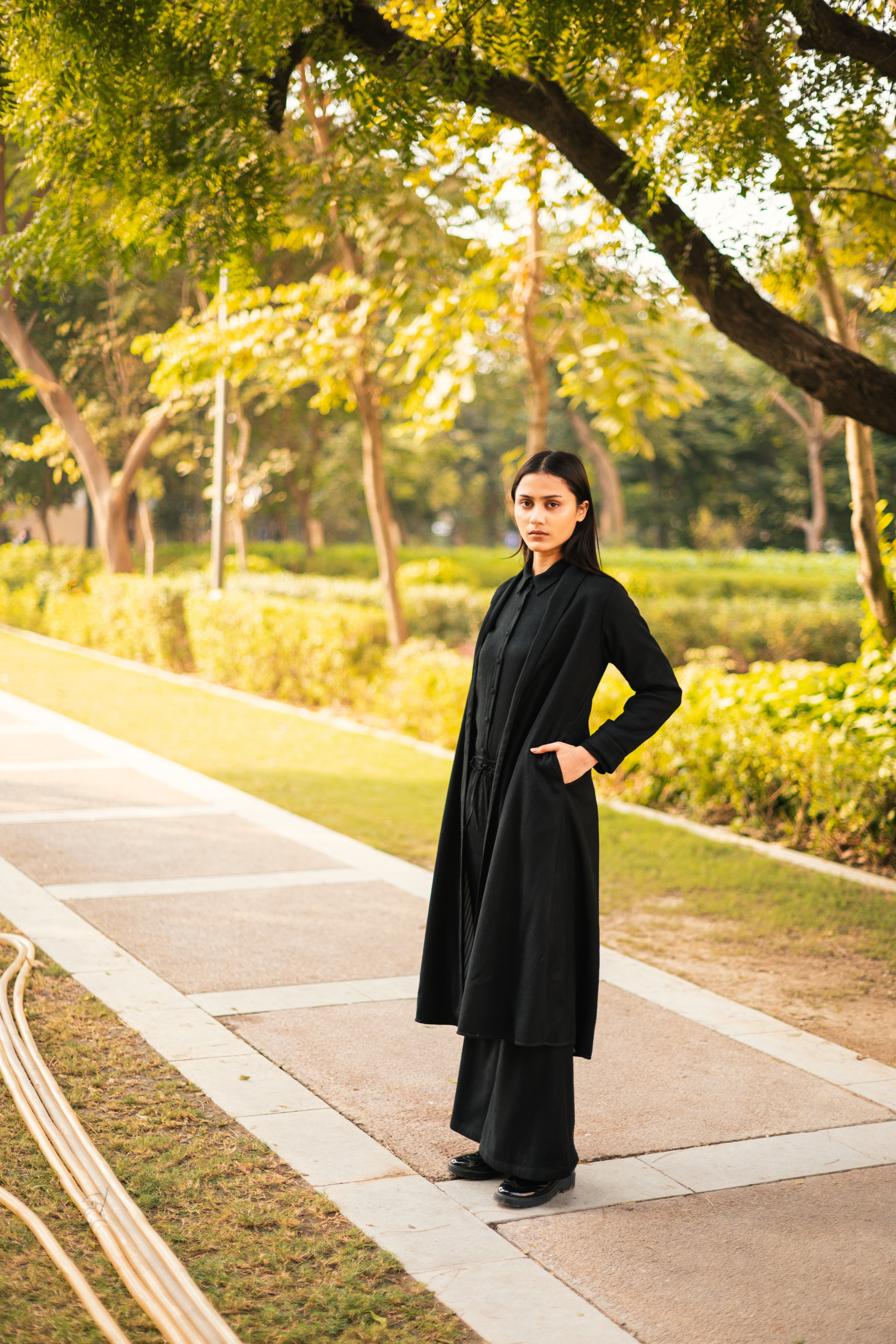 Black Merino Wool Alaska Set at Kamakhyaa by Raas. This item is Black, Merino Wool, Regular Fit, Uru by Raas, Winter WearOffice Wear Co-ords, Woven