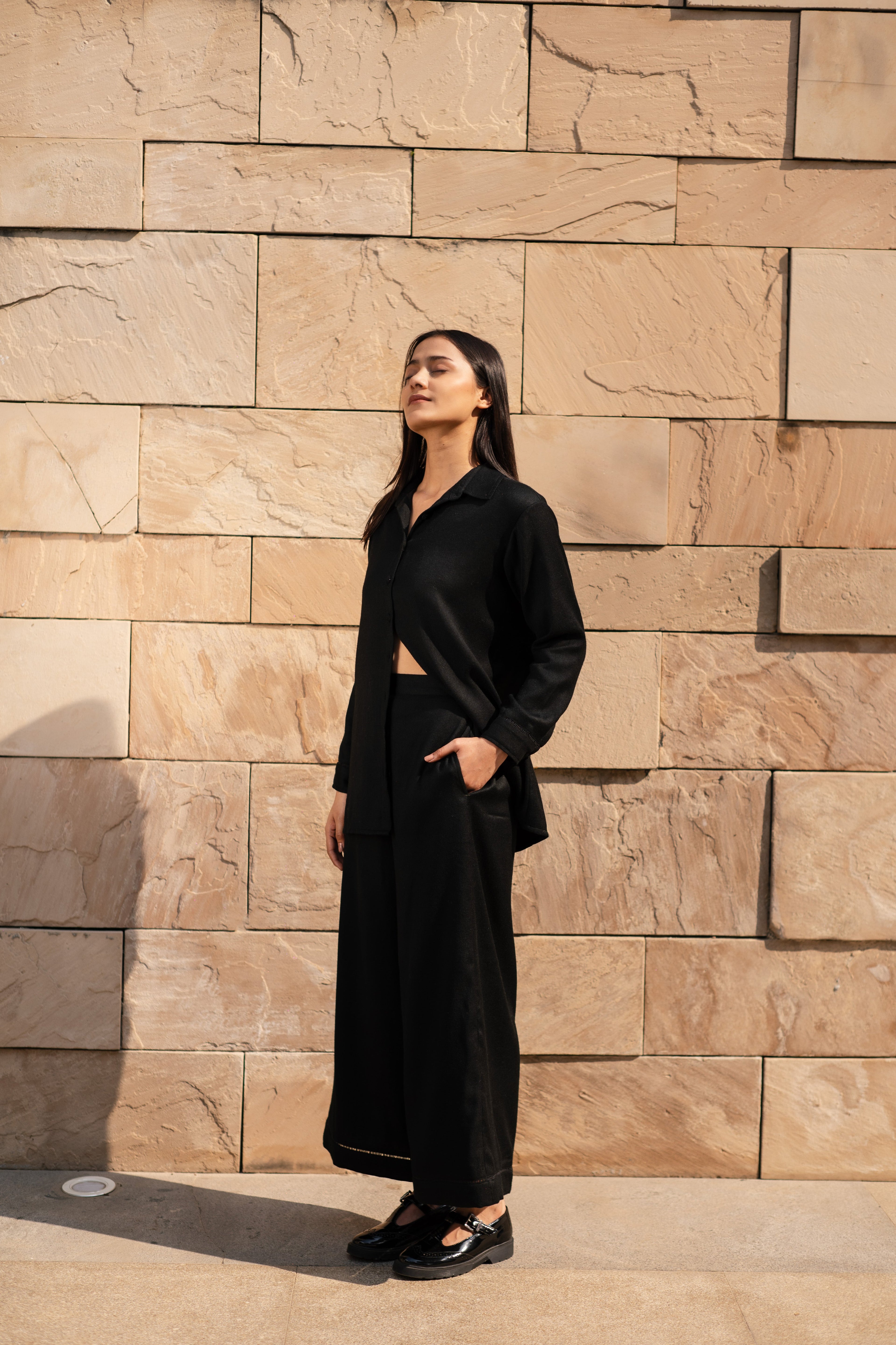 Black Merino Wool Coord Set Mahonia at Kamakhyaa by Raas. This item is Black, Merino Wool, Regular Fit, Uru by Raas, Winter WearOffice Wear Co-ords, Woven