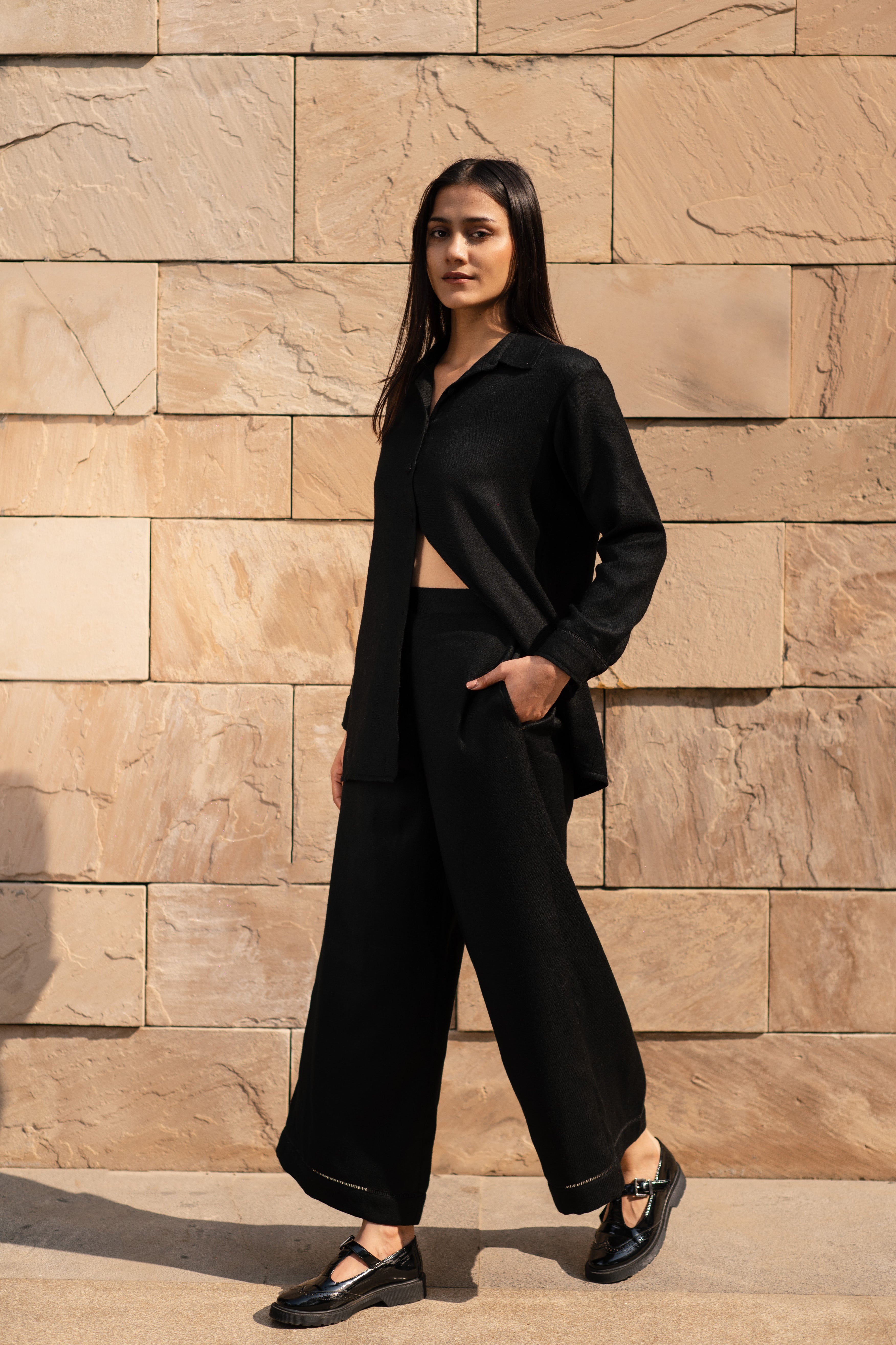 Black Merino Wool Coord Set Mahonia at Kamakhyaa by Raas. This item is Black, Merino Wool, Regular Fit, Uru by Raas, Winter WearOffice Wear Co-ords, Woven