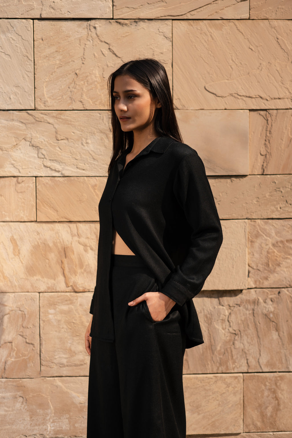 Black Merino Wool Coord Set Mahonia at Kamakhyaa by Raas. This item is Black, Merino Wool, Regular Fit, Uru by Raas, Winter WearOffice Wear Co-ords, Woven