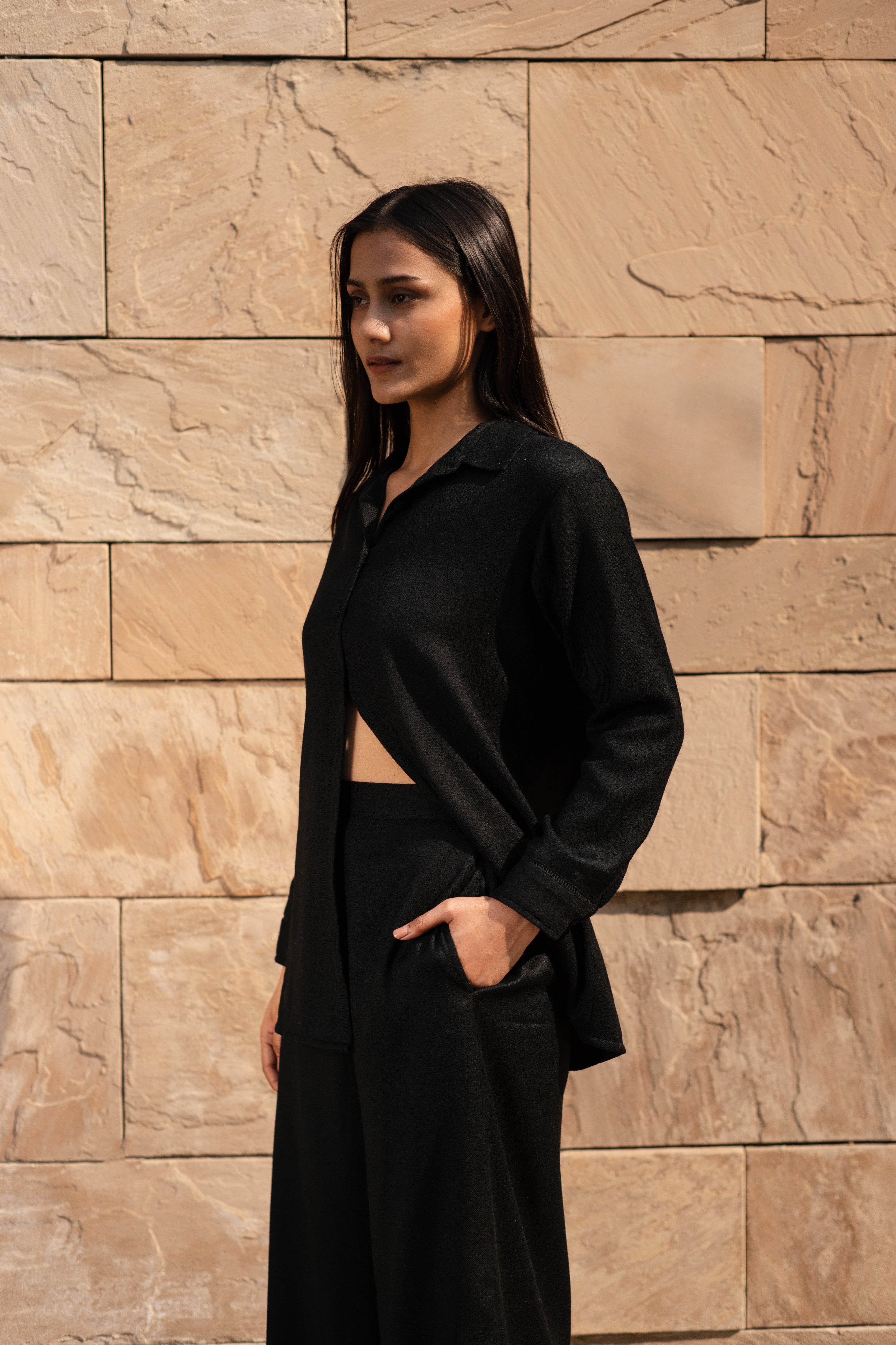 Black Merino Wool Coord Set Mahonia at Kamakhyaa by Raas. This item is Black, Merino Wool, Regular Fit, Uru by Raas, Winter WearOffice Wear Co-ords, Woven