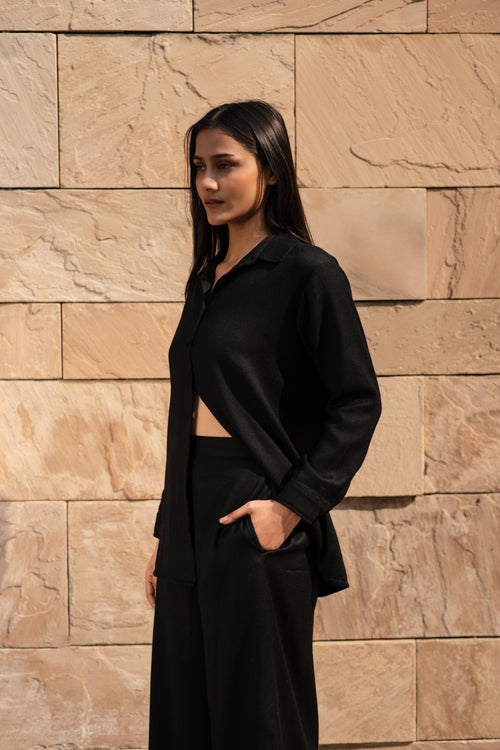 Black Merino Wool Coord Set Mahonia at Kamakhyaa by Raas. This item is Black, Merino Wool, Regular Fit, Uru by Raas, Winter WearOffice Wear Co-ords, Woven