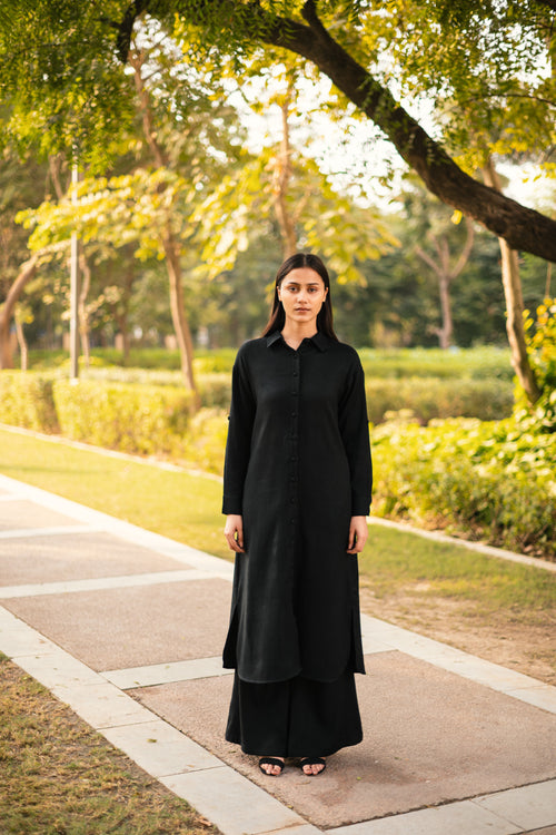 Black Merino Wool Coord Set Persian Lily at Kamakhyaa by Raas. This item is Black, Merino Wool, Regular Fit, Uru by Raas, Winter WearOffice Wear Co-ords, Woven