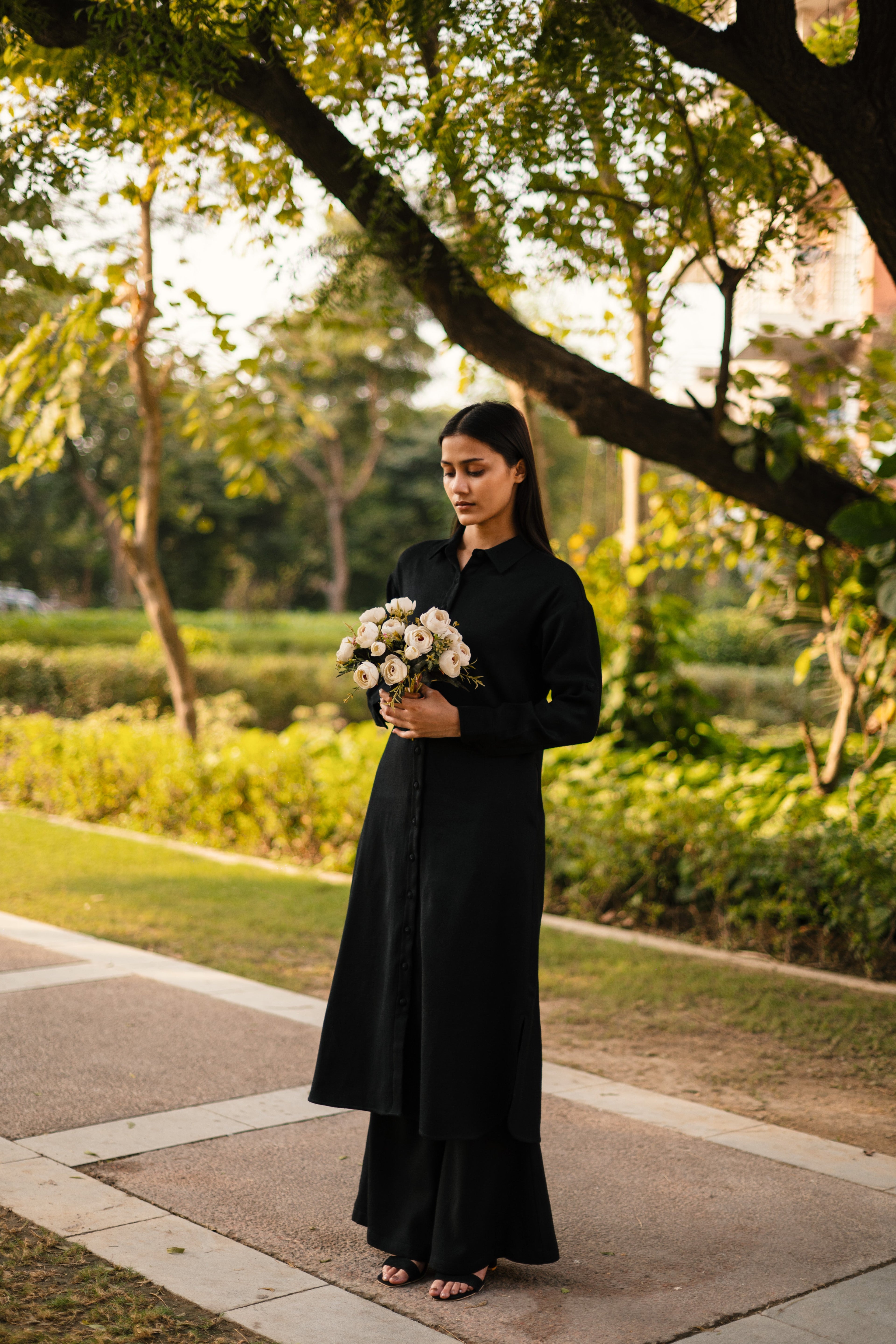 Black Merino Wool Coord Set Persian Lily at Kamakhyaa by Raas. This item is Black, Merino Wool, Regular Fit, Uru by Raas, Winter WearOffice Wear Co-ords, Woven