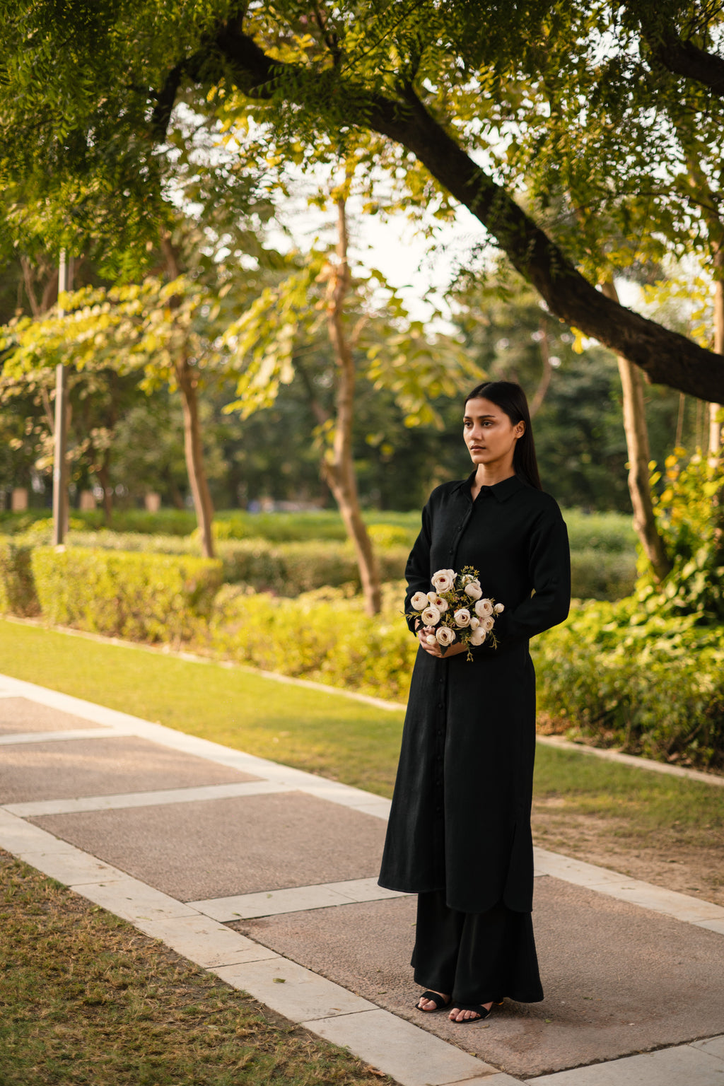 Black Merino Wool Coord Set Persian Lily at Kamakhyaa by Raas. This item is Black, Merino Wool, Regular Fit, Uru by Raas, Winter WearOffice Wear Co-ords, Woven