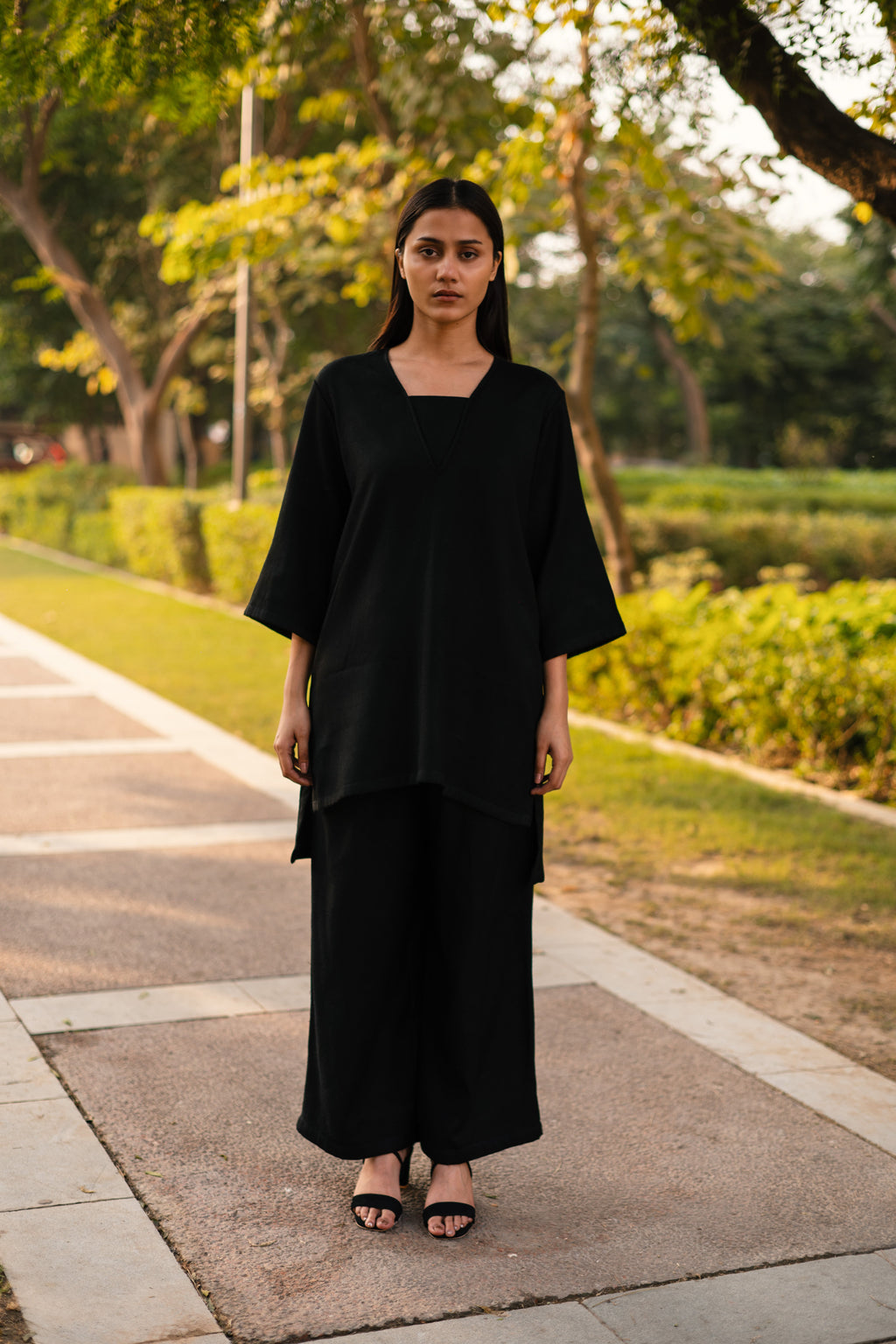 Black Merino Wool Dark Dimension Set at Kamakhyaa by Raas. This item is Black, Merino Wool, Regular Fit, Uru by Raas, Winter WearOffice Wear Co-ords, Woven