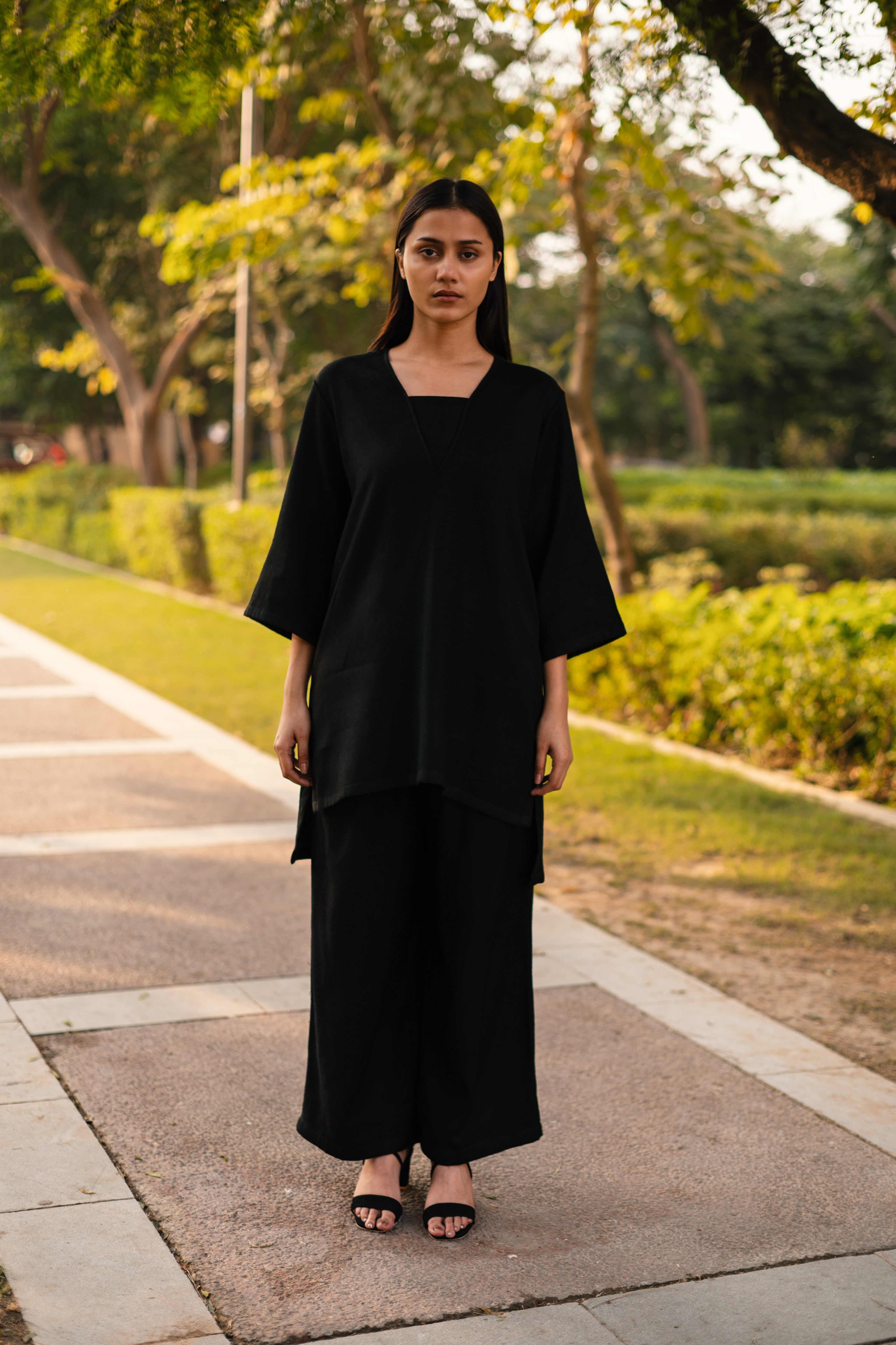 Black Merino Wool Dark Dimension Set at Kamakhyaa by Raas. This item is Black, Merino Wool, Regular Fit, Uru by Raas, Winter WearOffice Wear Co-ords, Woven