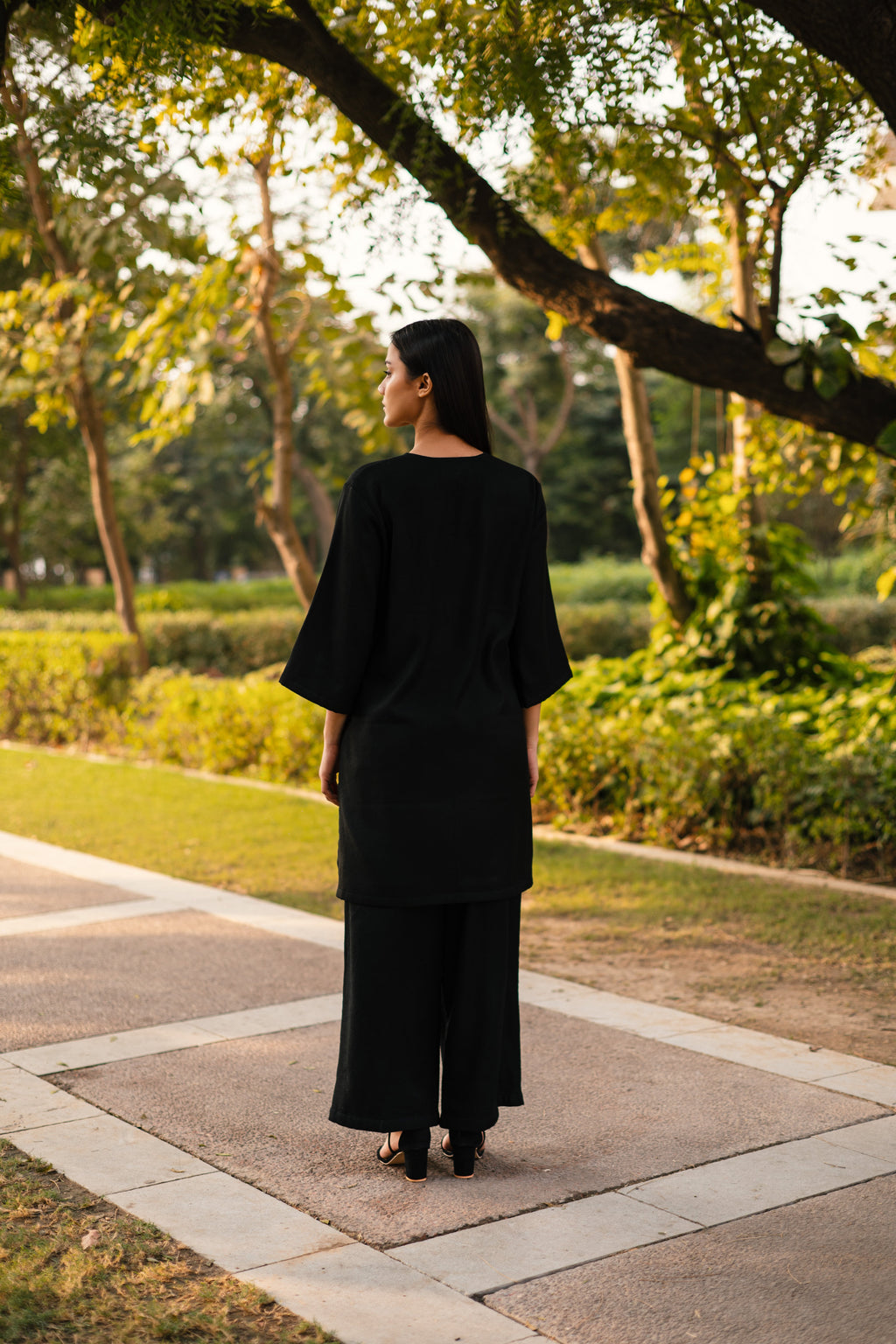 Black Merino Wool Dark Dimension Set at Kamakhyaa by Raas. This item is Black, Merino Wool, Regular Fit, Uru by Raas, Winter WearOffice Wear Co-ords, Woven