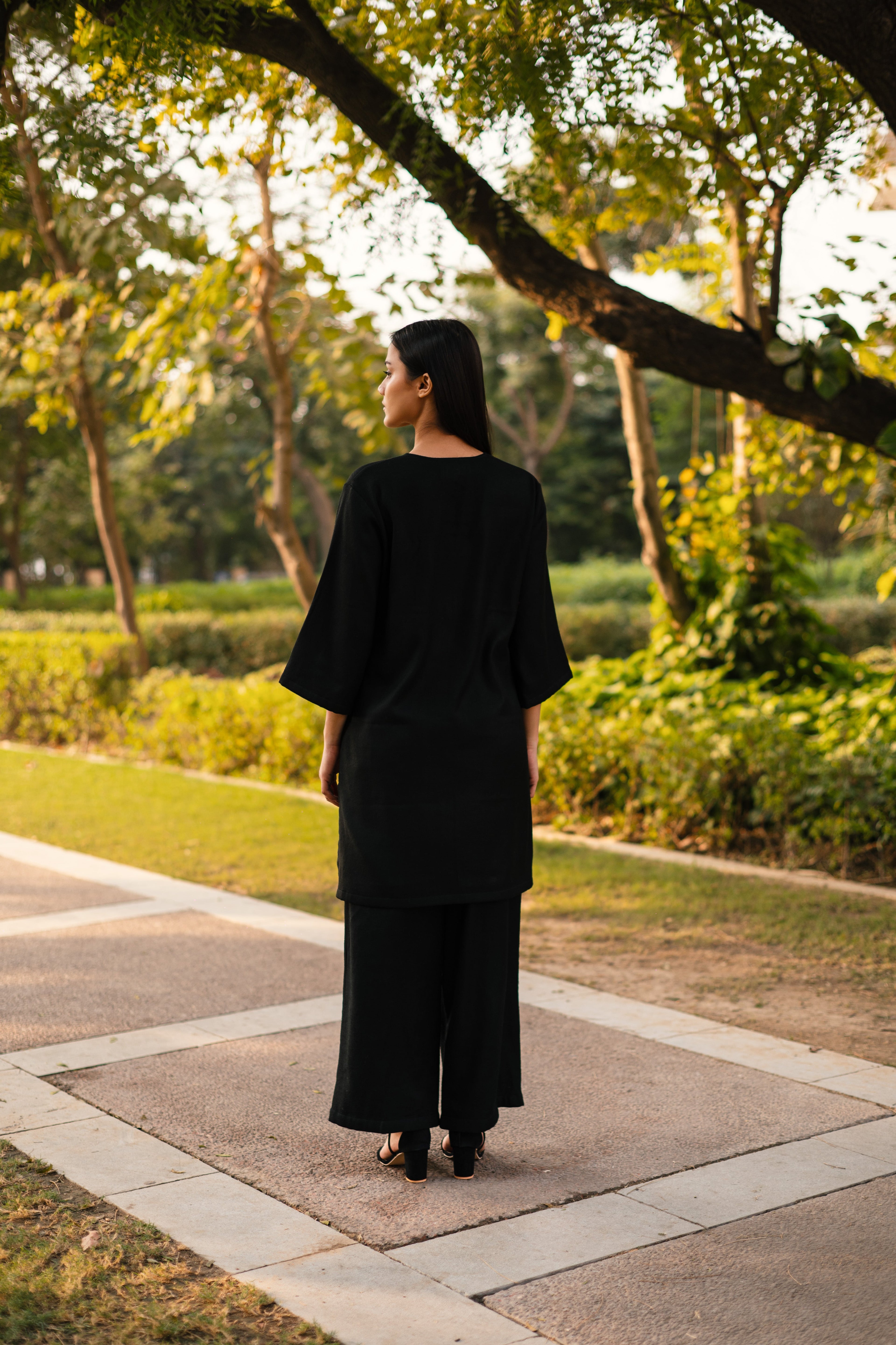 Black Merino Wool Dark Dimension Set at Kamakhyaa by Raas. This item is Black, Merino Wool, Regular Fit, Uru by Raas, Winter WearOffice Wear Co-ords, Woven