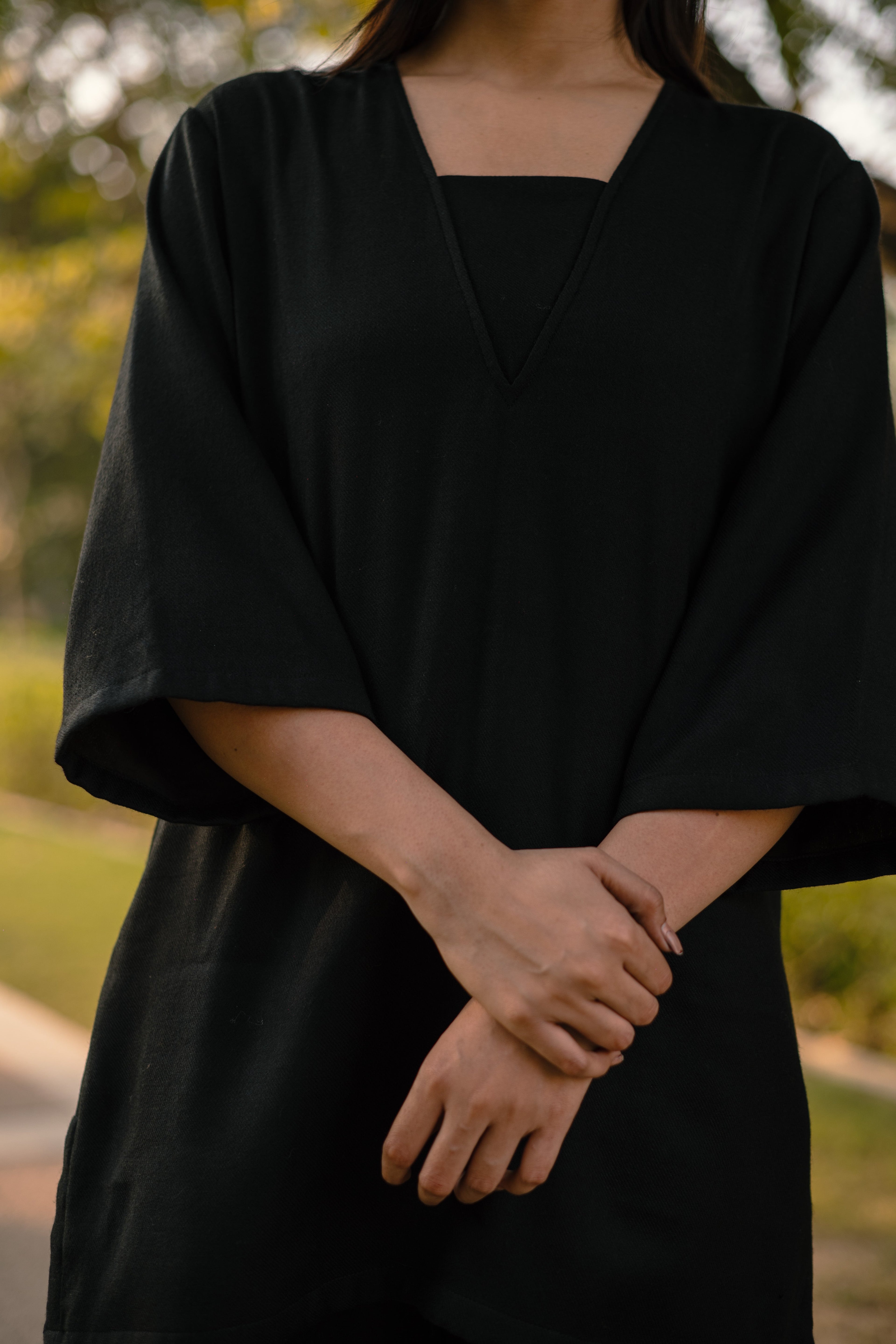 Black Merino Wool Dark Dimension Set at Kamakhyaa by Raas. This item is Black, Merino Wool, Regular Fit, Uru by Raas, Winter WearOffice Wear Co-ords, Woven