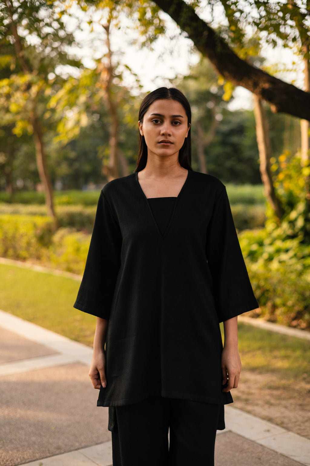 Black Merino Wool Dark Dimension Set at Kamakhyaa by Raas. This item is Black, Merino Wool, Regular Fit, Uru by Raas, Winter WearOffice Wear Co-ords, Woven