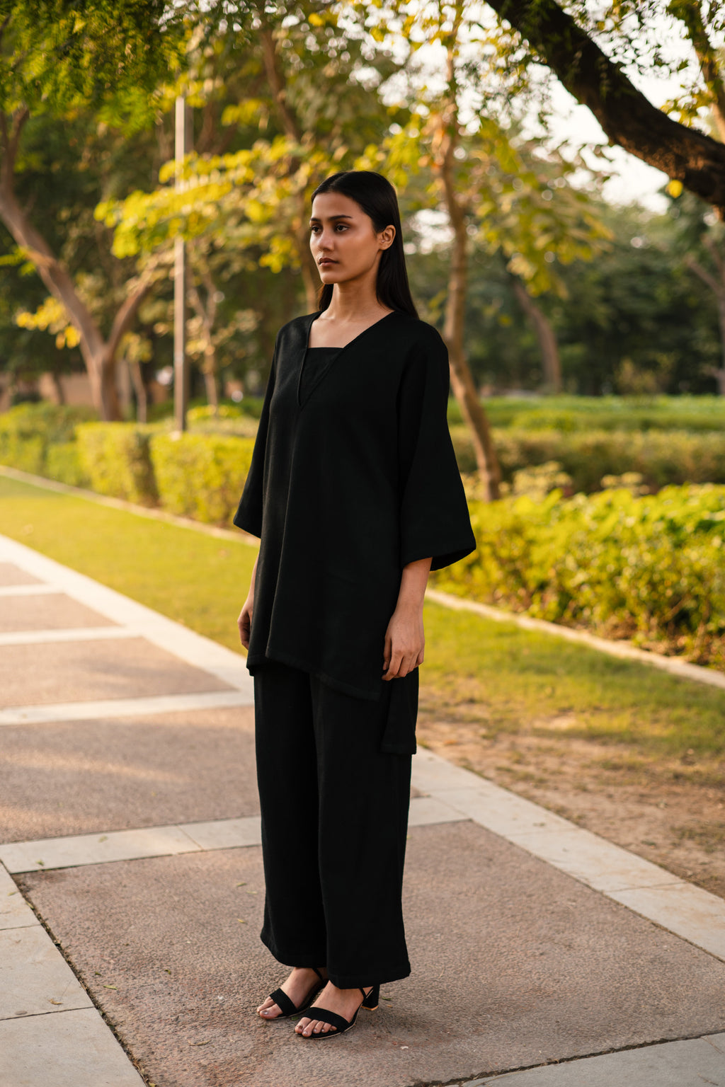 Black Merino Wool Dark Dimension Set at Kamakhyaa by Raas. This item is Black, Merino Wool, Regular Fit, Uru by Raas, Winter WearOffice Wear Co-ords, Woven