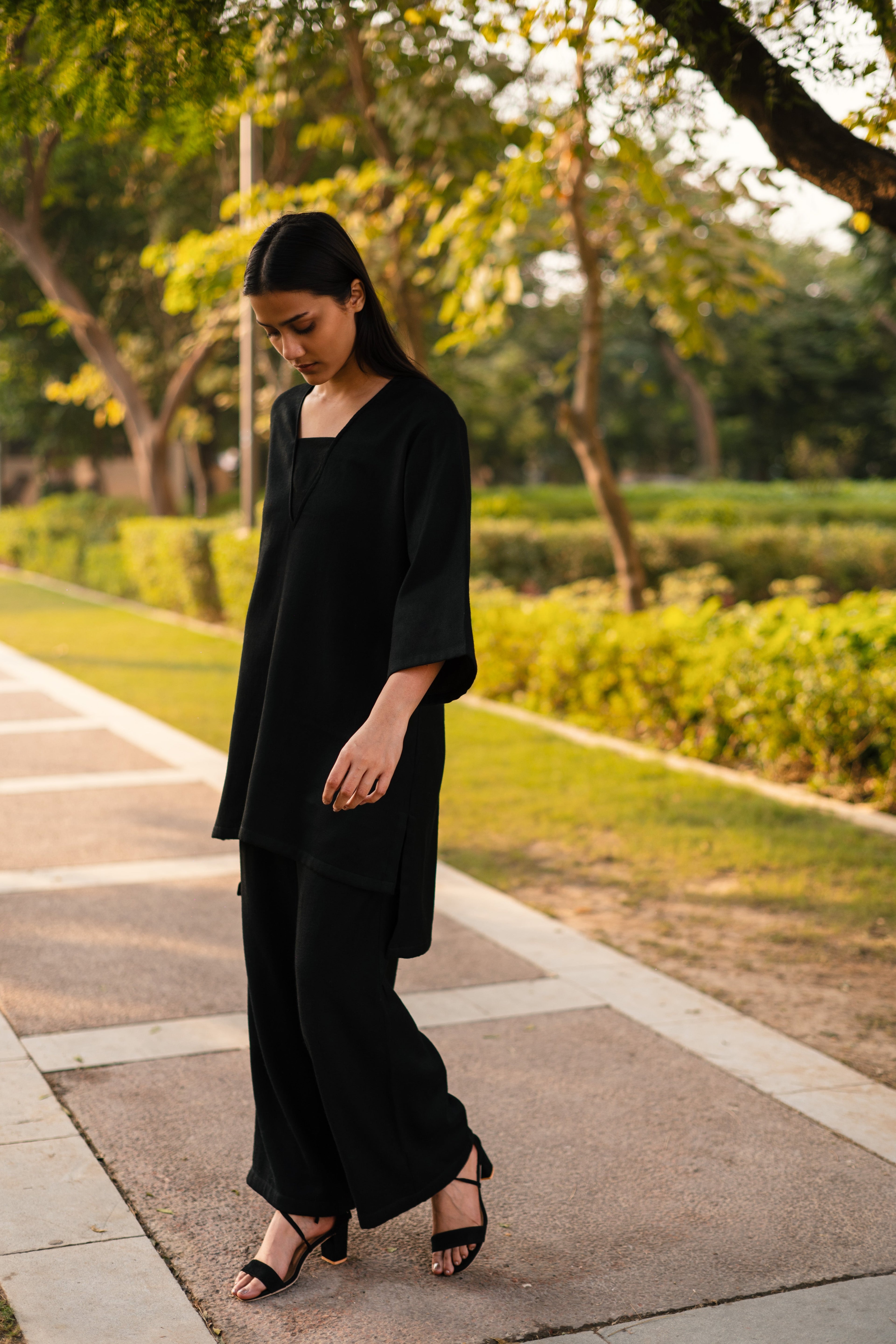 Black Merino Wool Dark Dimension Set at Kamakhyaa by Raas. This item is Black, Merino Wool, Regular Fit, Uru by Raas, Winter WearOffice Wear Co-ords, Woven