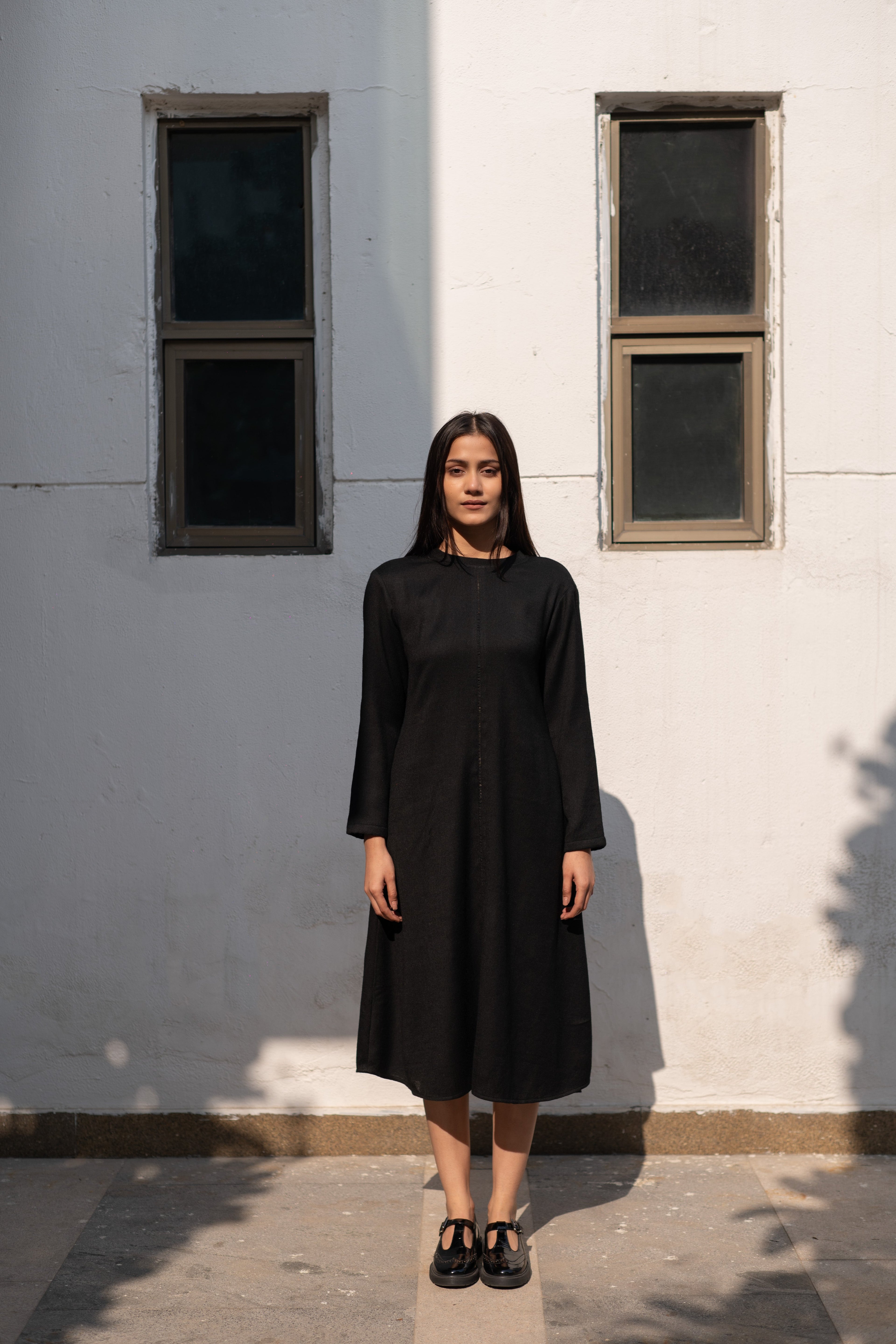 Black Merino Wool Dress Starflower at Kamakhyaa by Raas. This item is Black, Merino Wool, Midi Dresses, Regular Fit, Uru by Raas, Winter Wear, Woven