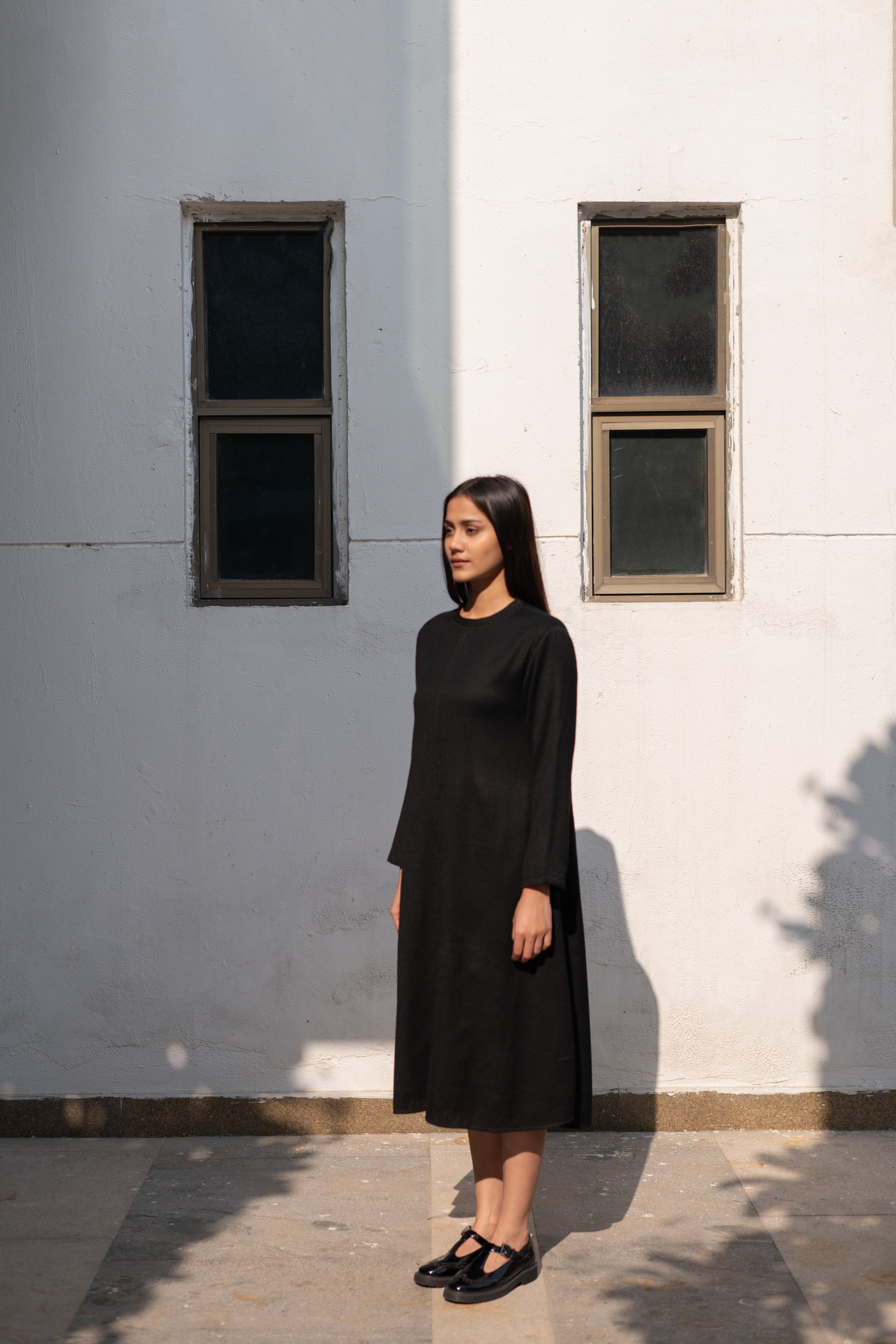 Black Merino Wool Dress Starflower at Kamakhyaa by Raas. This item is Black, Merino Wool, Midi Dresses, Regular Fit, Uru by Raas, Winter Wear, Woven