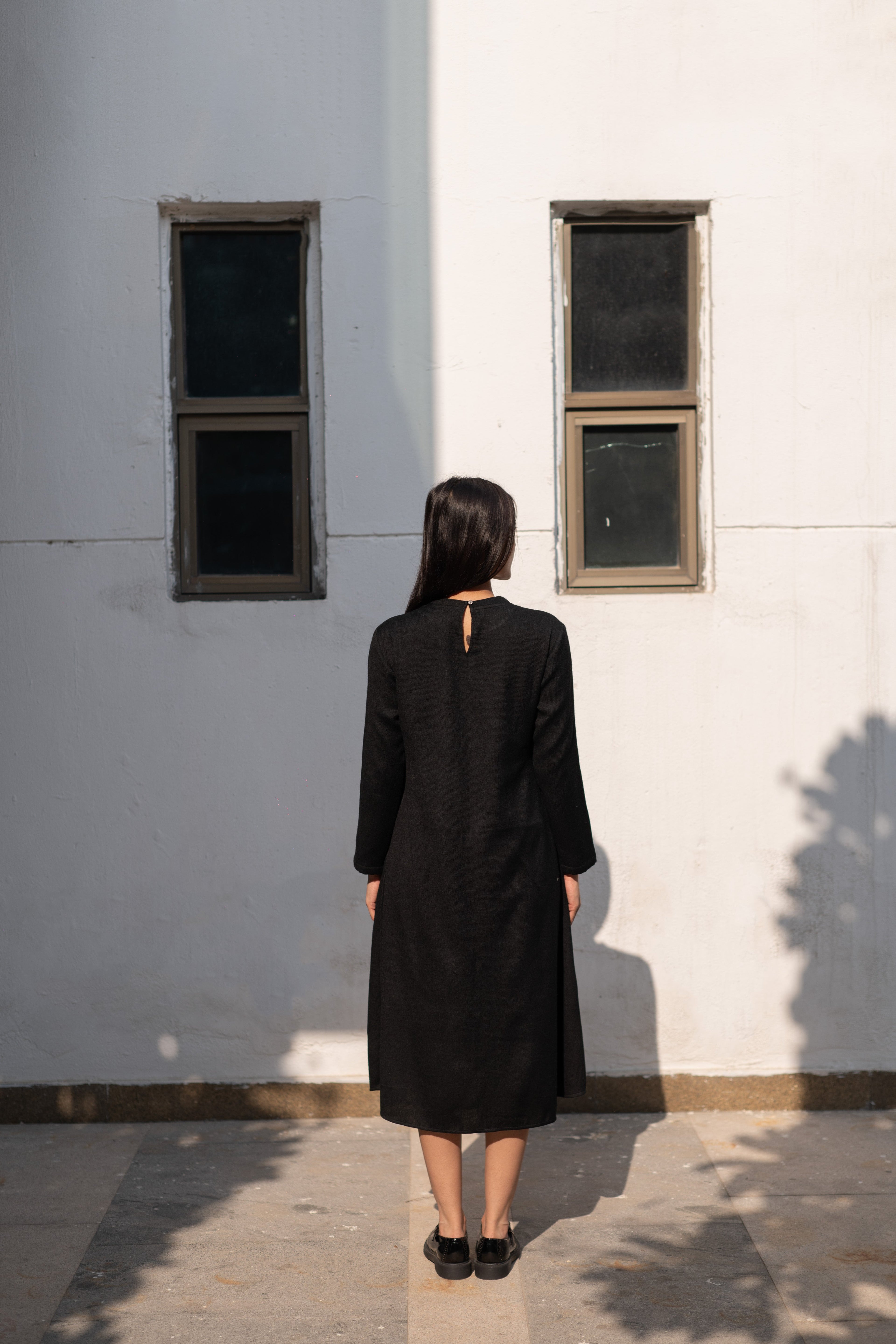 Black Merino Wool Dress Starflower at Kamakhyaa by Raas. This item is Black, Merino Wool, Midi Dresses, Regular Fit, Uru by Raas, Winter Wear, Woven