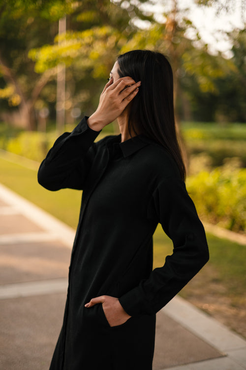 Black Merino Wool Dress Zinnia at Kamakhyaa by Raas. This item is Black, Merino Wool, Midi Dresses, Regular Fit, Uru by Raas, Winter Wear, Woven