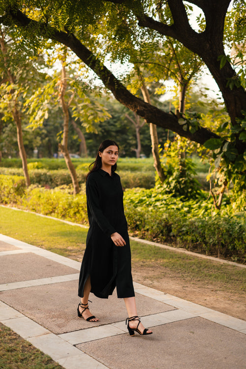 Black Merino Wool Dress Zinnia at Kamakhyaa by Raas. This item is Black, Merino Wool, Midi Dresses, Regular Fit, Uru by Raas, Winter Wear, Woven