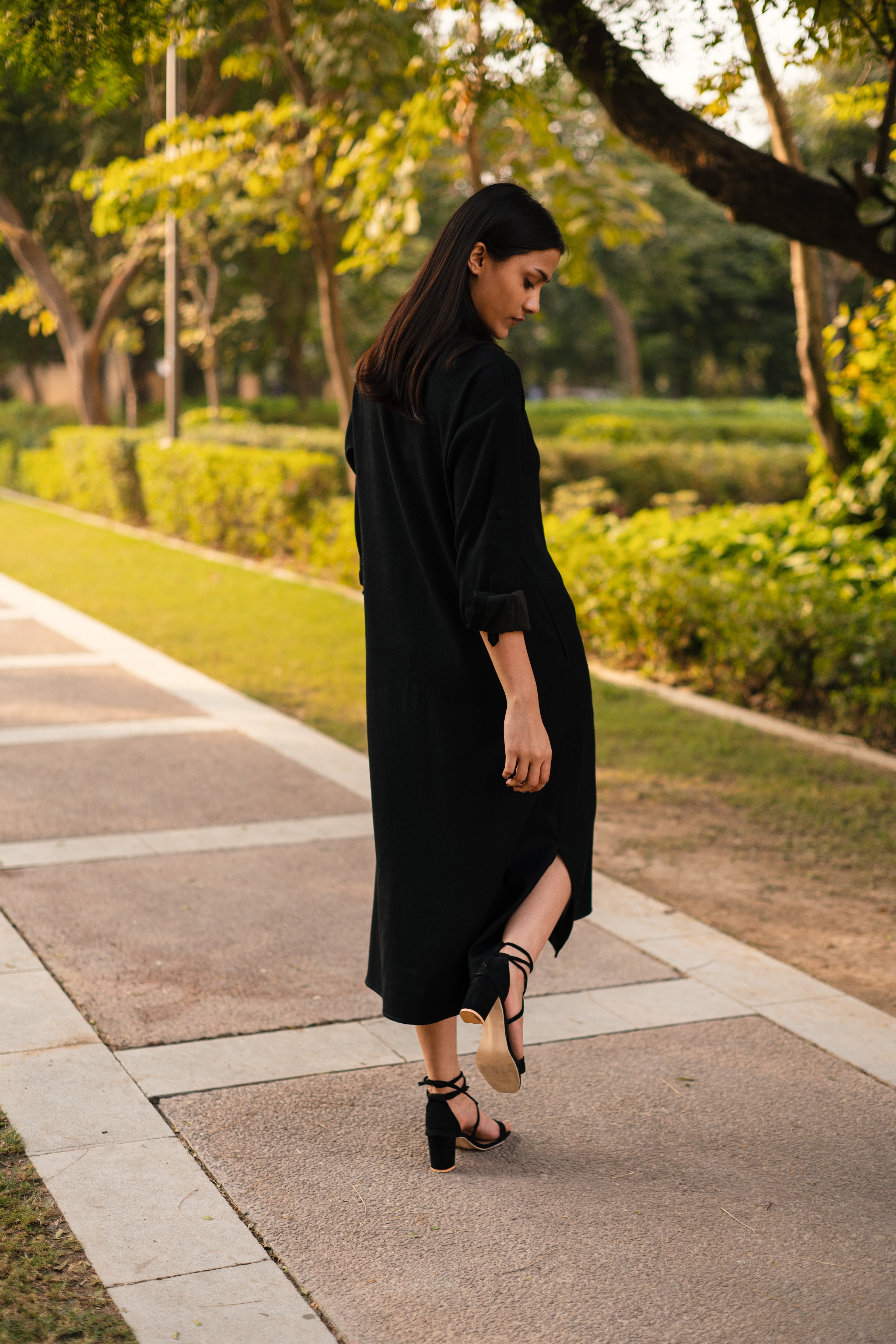 Black Merino Wool Dress Zinnia at Kamakhyaa by Raas. This item is Black, Merino Wool, Midi Dresses, Regular Fit, Uru by Raas, Winter Wear, Woven