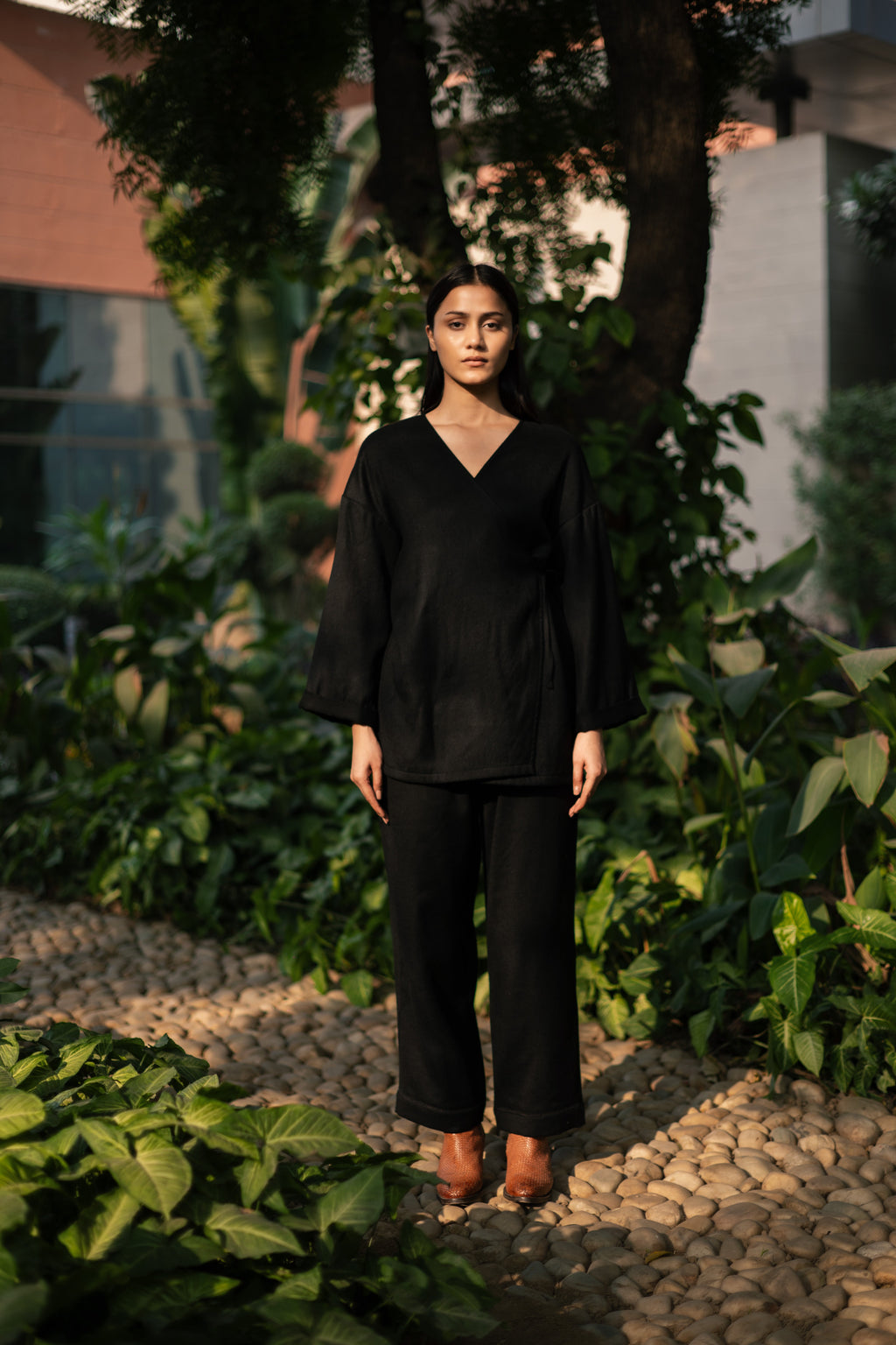 Black Merino Wool Pansy Set at Kamakhyaa by Raas. This item is Black, Merino Wool, Regular Fit, Uru by Raas, Winter WearOffice Wear Co-ords, Woven