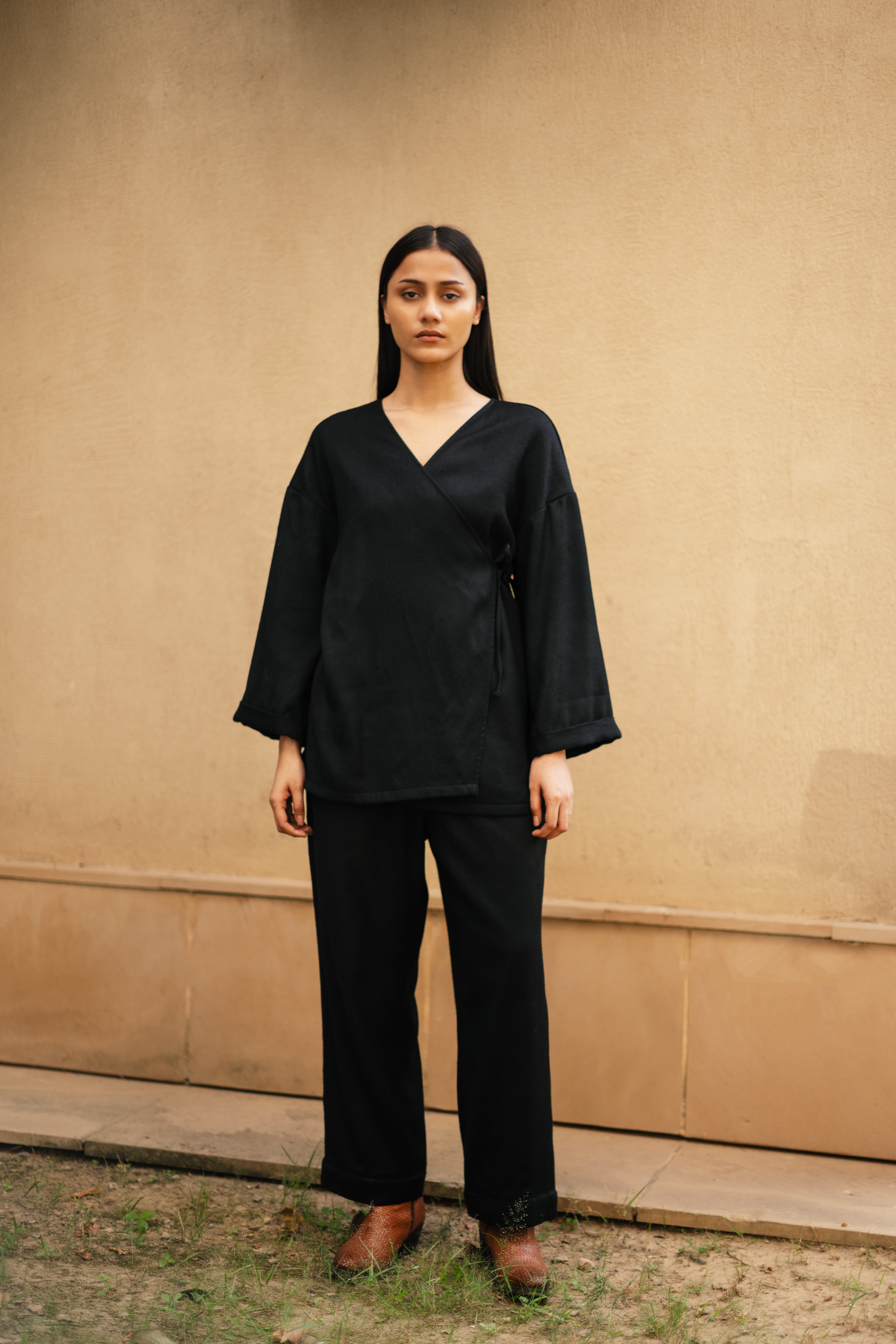 Black Merino Wool Pansy Set at Kamakhyaa by Raas. This item is Black, Merino Wool, Regular Fit, Uru by Raas, Winter WearOffice Wear Co-ords, Woven
