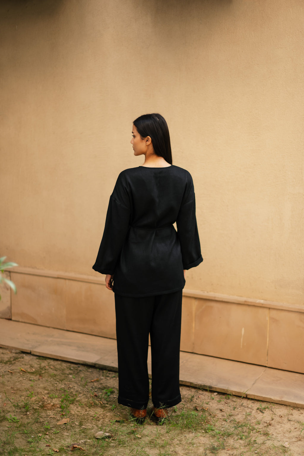 Black Merino Wool Pansy Set at Kamakhyaa by Raas. This item is Black, Merino Wool, Regular Fit, Uru by Raas, Winter WearOffice Wear Co-ords, Woven