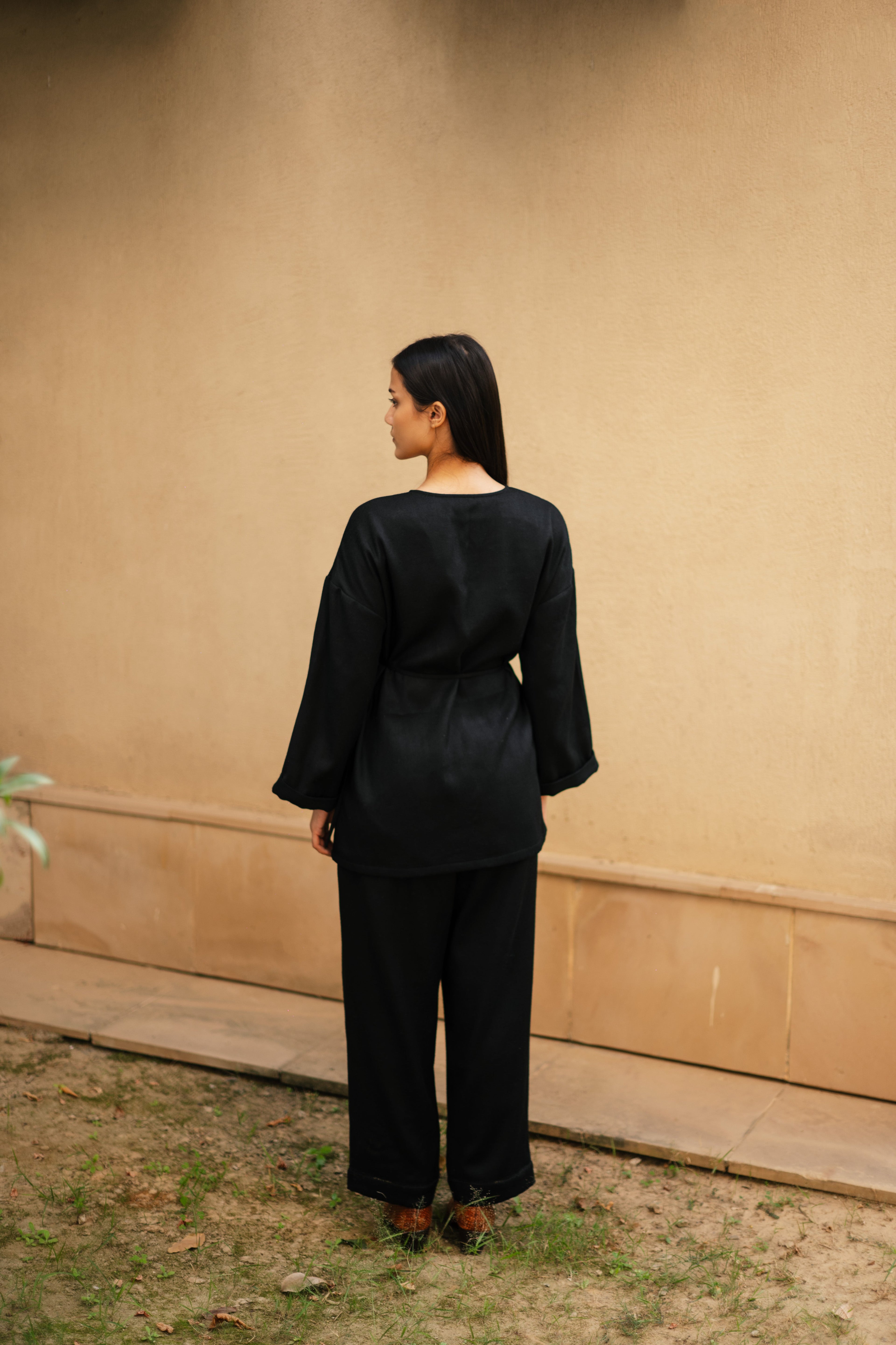 Black Merino Wool Pansy Set at Kamakhyaa by Raas. This item is Black, Merino Wool, Regular Fit, Uru by Raas, Winter WearOffice Wear Co-ords, Woven