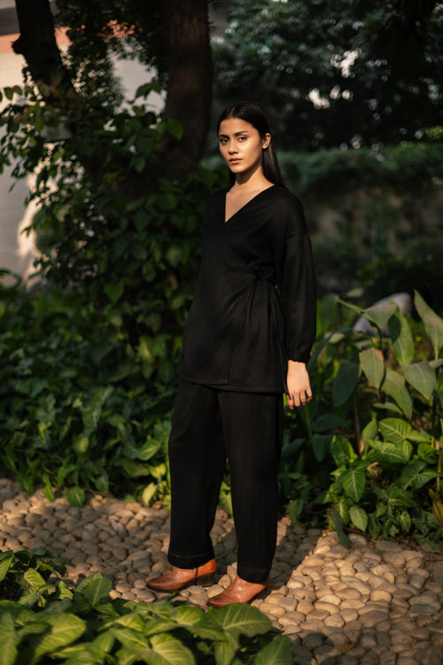 Black Merino Wool Pansy Top at Kamakhyaa by Raas. This item is Black, Merino Wool, Regular Fit, Tunic Tops, Uru by Raas, Winter Wear, Woven