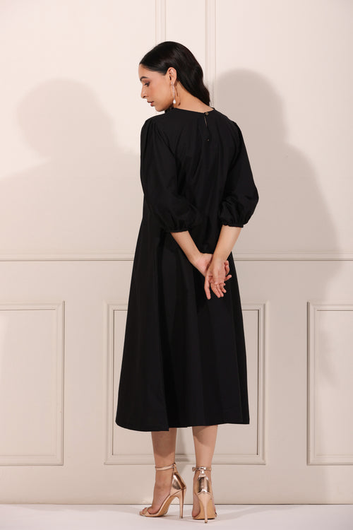 Black Midi Dress at Kamakhyaa by MOH-The Eternal Dhaga. This item is Azo Free Dye, Black, Casual Wear, Dresses, Midi Dresses, Moh-The eternal Dhaga, Natural, Natural with azo free dyes, Poplin, Womenswear