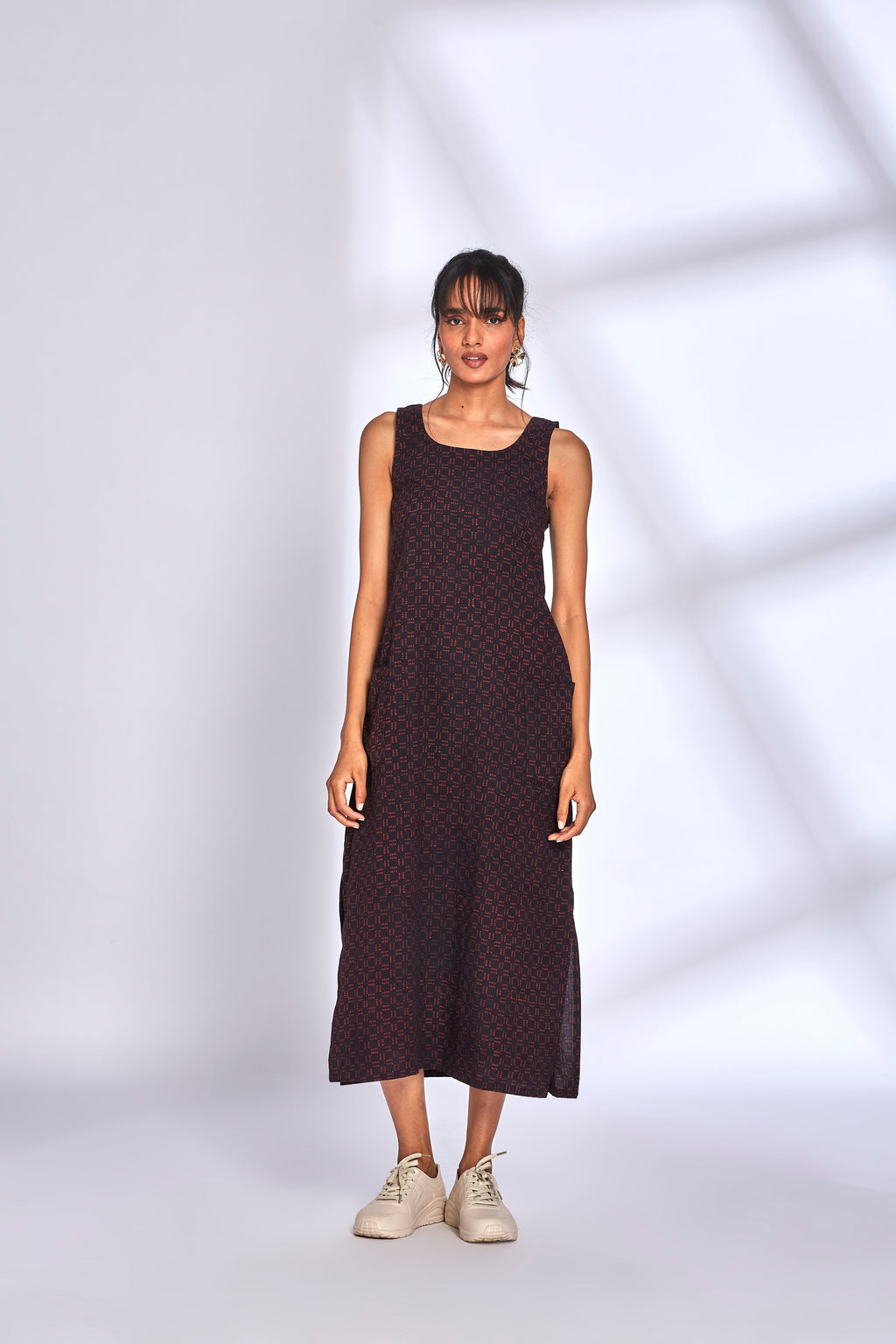 Black Midi Dress with side slit at Kamakhyaa by Hasttvam. This item is Black, Cotton, Fusion Wear, Natural dyes, Printed, Relaxed Fit, Respondible production and Vegan, Solids