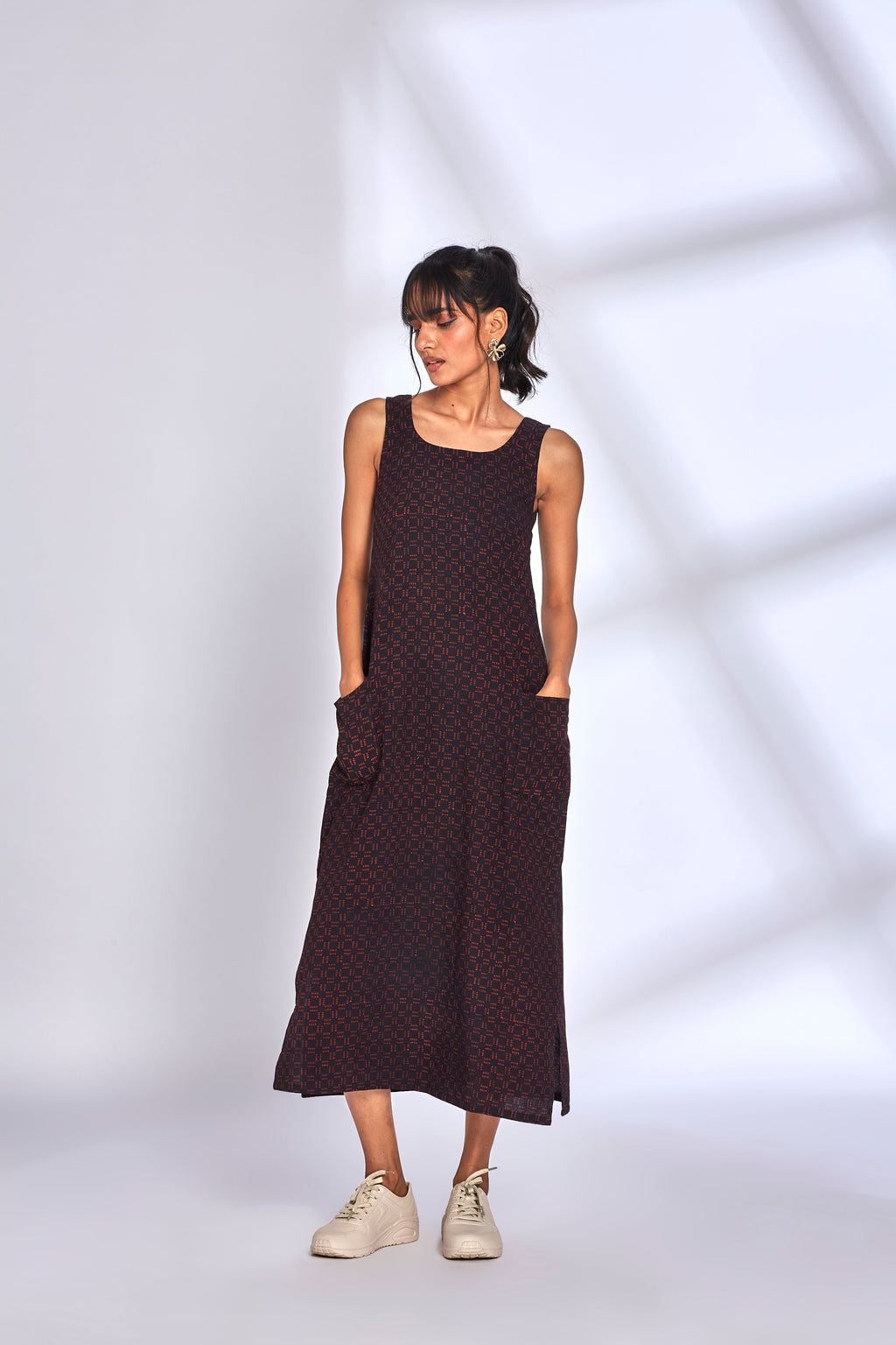 Black Midi Dress with side slit at Kamakhyaa by Hasttvam. This item is Black, Cotton, Fusion Wear, Natural dyes, Printed, Relaxed Fit, Respondible production and Vegan, Solids