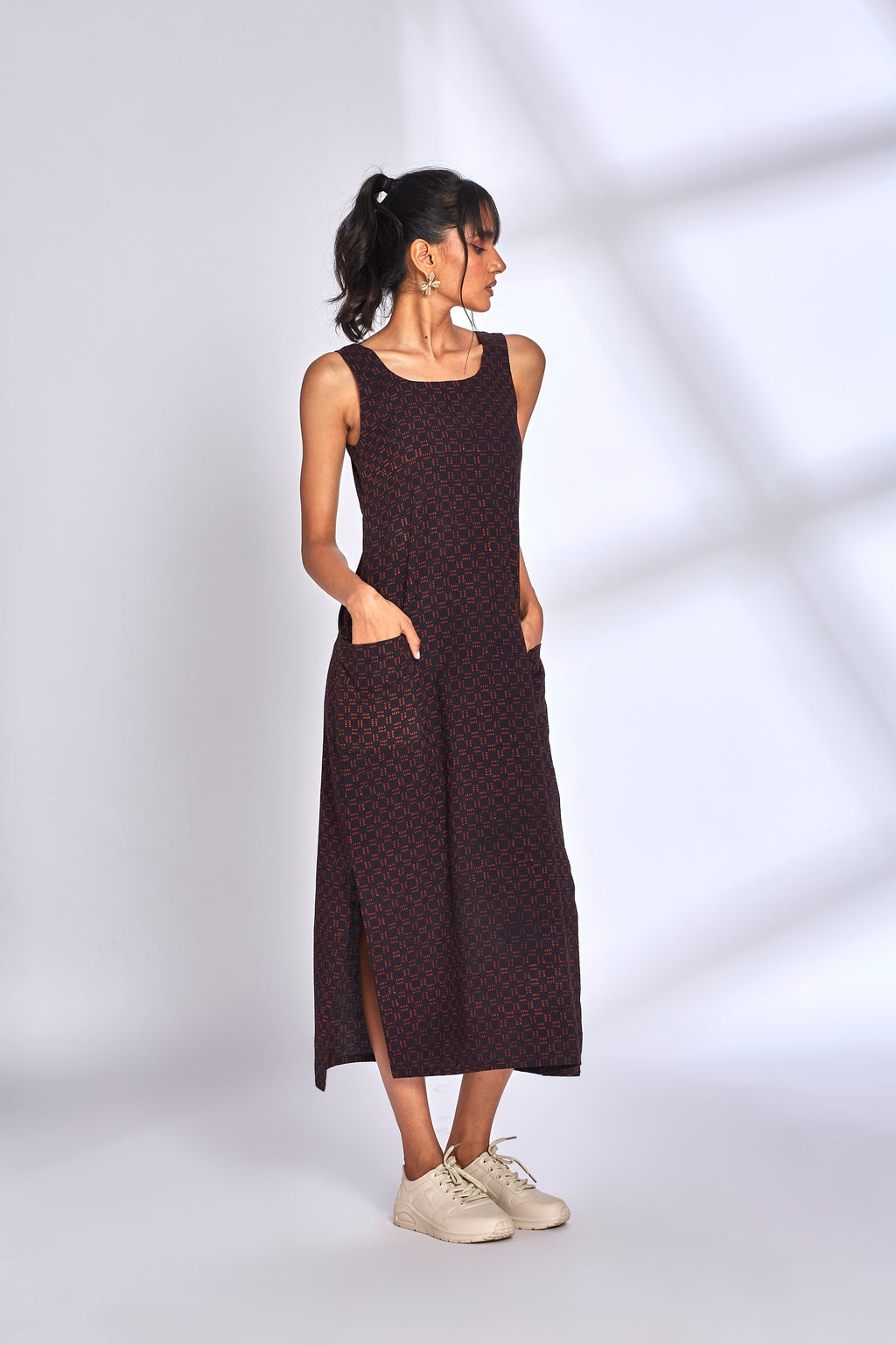 Black Midi Dress with side slit at Kamakhyaa by Hasttvam. This item is Black, Cotton, Fusion Wear, Natural dyes, Printed, Relaxed Fit, Respondible production and Vegan, Solids