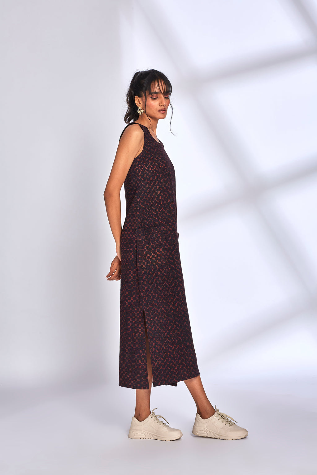 Black Midi Dress with side slit at Kamakhyaa by Hasttvam. This item is Black, Cotton, Fusion Wear, Natural dyes, Printed, Relaxed Fit, Respondible production and Vegan, Solids