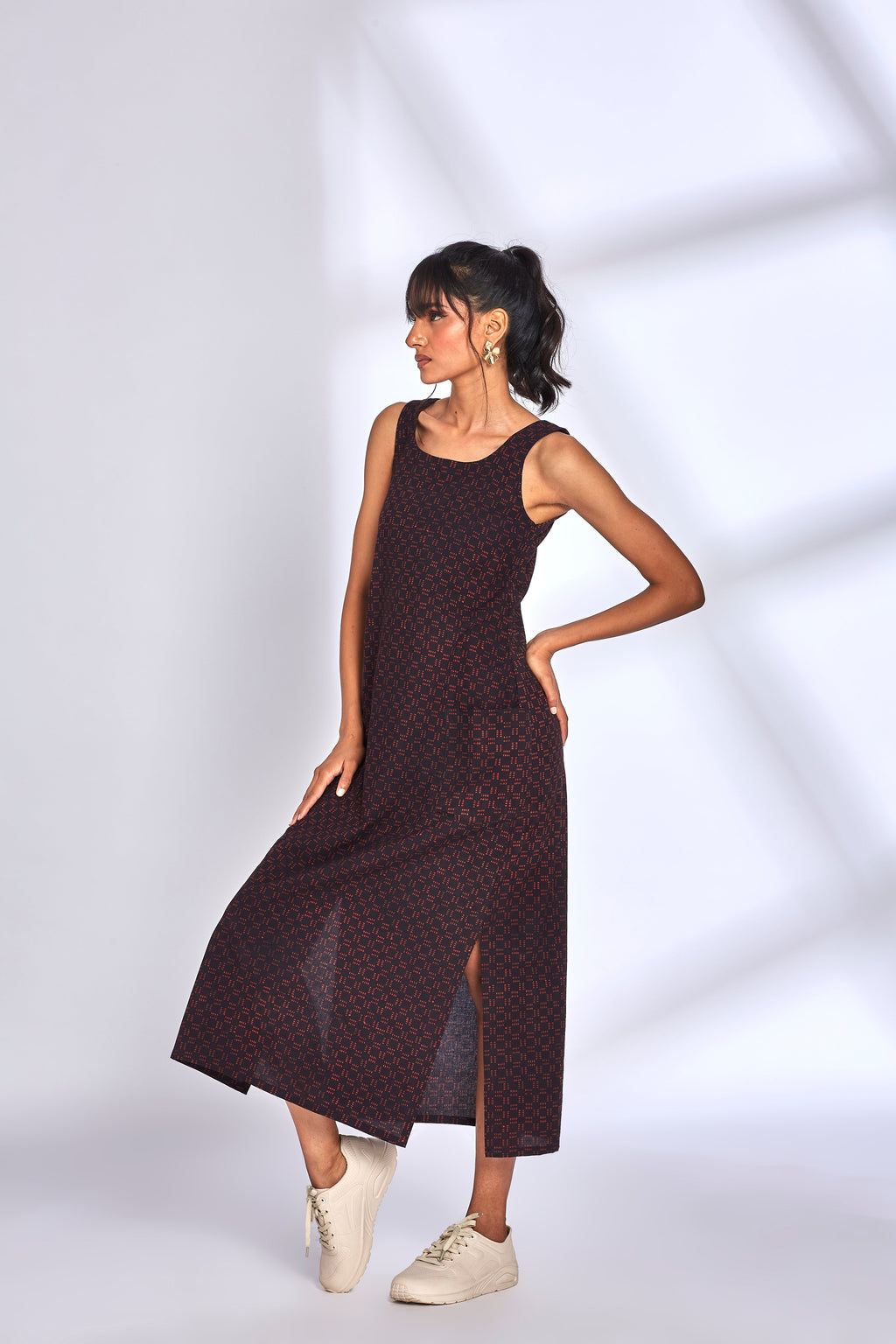 Black Midi Dress with side slit at Kamakhyaa by Hasttvam. This item is Black, Cotton, Fusion Wear, Natural dyes, Printed, Relaxed Fit, Respondible production and Vegan, Solids