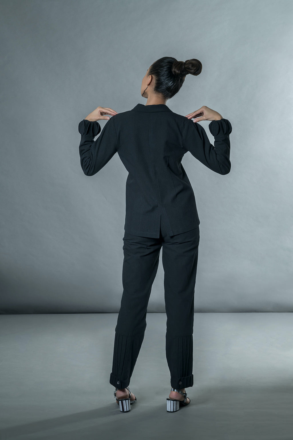 Black Pants with Corded Patch at kamakhyaa.com by Anushé Pirani. This item is Anushe Pirani Sale, Black, Handwoven Jute Cotton, July Sale, July Sale 2023, Natural, Office Wear, Pants, Regular Fit, Solids, The Line Tales, The Line Tales by Anushe Pirani, Womenswear