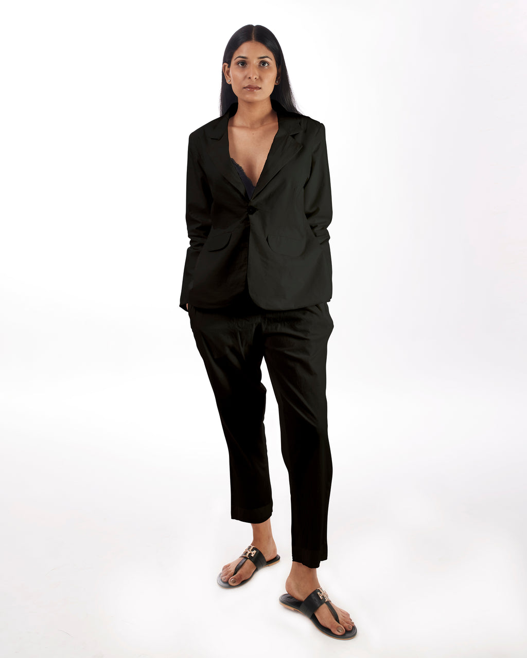 Black Power Suit Co-ord at Kamakhyaa by Kamakhyaa. This item is 100% pure cotton, Black, Co-ord Sets, KKYSS, Natural, Office, Office Wear, Office Wear Co-ords, Regular Fit, Solids, Summer Sutra, Womenswear