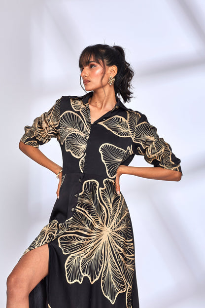 Black Printed Long Shirt Dress at Kamakhyaa by Hasttvam. This item is Black, Floral, Fusion Wear, Handmade by Artisans, Modal silk, Natural dyes, Printed, Respondible production and Vegan