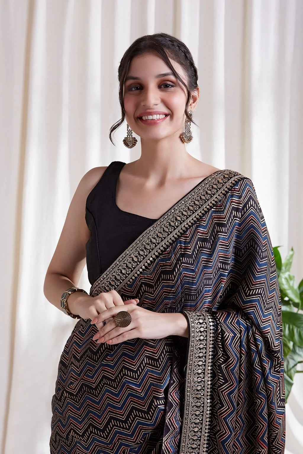 Black Printed Saree with Blouse at Kamakhyaa by Hasttvam. This item is Black, Festive Wear, Floral, Modal silk, Natural dyes, Relaxed Fit, Respondible production and Vegan