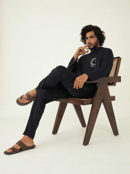 Black Silk Rayon Kurta Set at Kamakhyaa by RoohbyRidhimaa. This item is Black, Festive Wear, Kurta Pant Sets, Men Kurta Pant Sets, Menswear By RoohbyRidhimaa, Qala By RoohbyRidhimaa, Rayon, Regular Fit, Silk Rayon, Solids