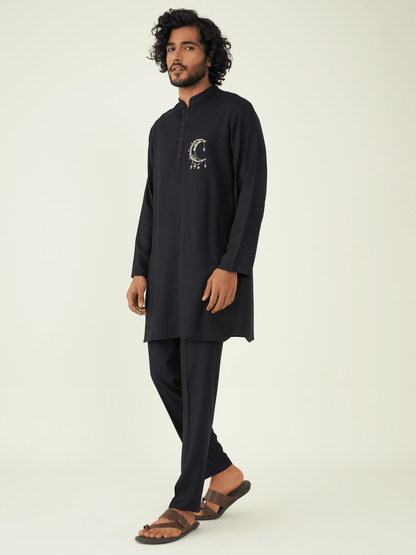 Black Silk Rayon Kurta Set at Kamakhyaa by RoohbyRidhimaa. This item is Black, Festive Wear, Kurta Pant Sets, Men Kurta Pant Sets, Menswear By RoohbyRidhimaa, Qala By RoohbyRidhimaa, Rayon, Regular Fit, Silk Rayon, Solids