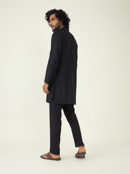 Black Silk Rayon Kurta Set at Kamakhyaa by RoohbyRidhimaa. This item is Black, Festive Wear, Kurta Pant Sets, Men Kurta Pant Sets, Menswear By RoohbyRidhimaa, Qala By RoohbyRidhimaa, Rayon, Regular Fit, Silk Rayon, Solids